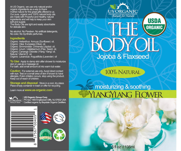 Body & Bath Oil - Rich Floral Ylang Ylang, Certified Organic by USDA, Jojoba & Flaxseed Oil w/ Vitamin E, No Alcohol, Paraben, Artificial Detergents, Color or Synthetic perfumes, 5 Fl.oz.
