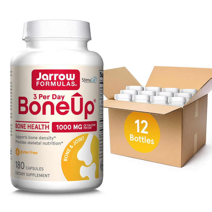 Jarrow Formulas BoneUp Three Per Day-180 Capsules-60 Servings-for Bone Support & Skeletal Nutrition-Includes Naturally Derived Vitamin D3, K2 (as MK-7) & 1000mg Calcium-Gluten Free-Non-GMO,Pack of 12