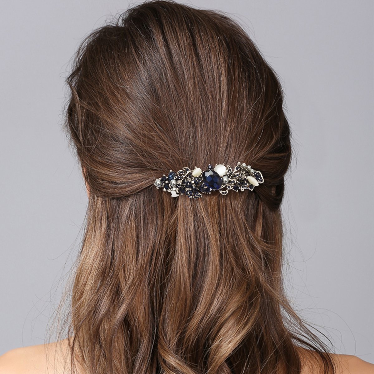 Kicosy Barrettes for Women 3 Pack Vintage Shining Rhinestone Hair Barrettes Metal Flower Butterfly French Clip Faux Crystal Hair clip Spring Hair Barrette,Black and Navy Blue