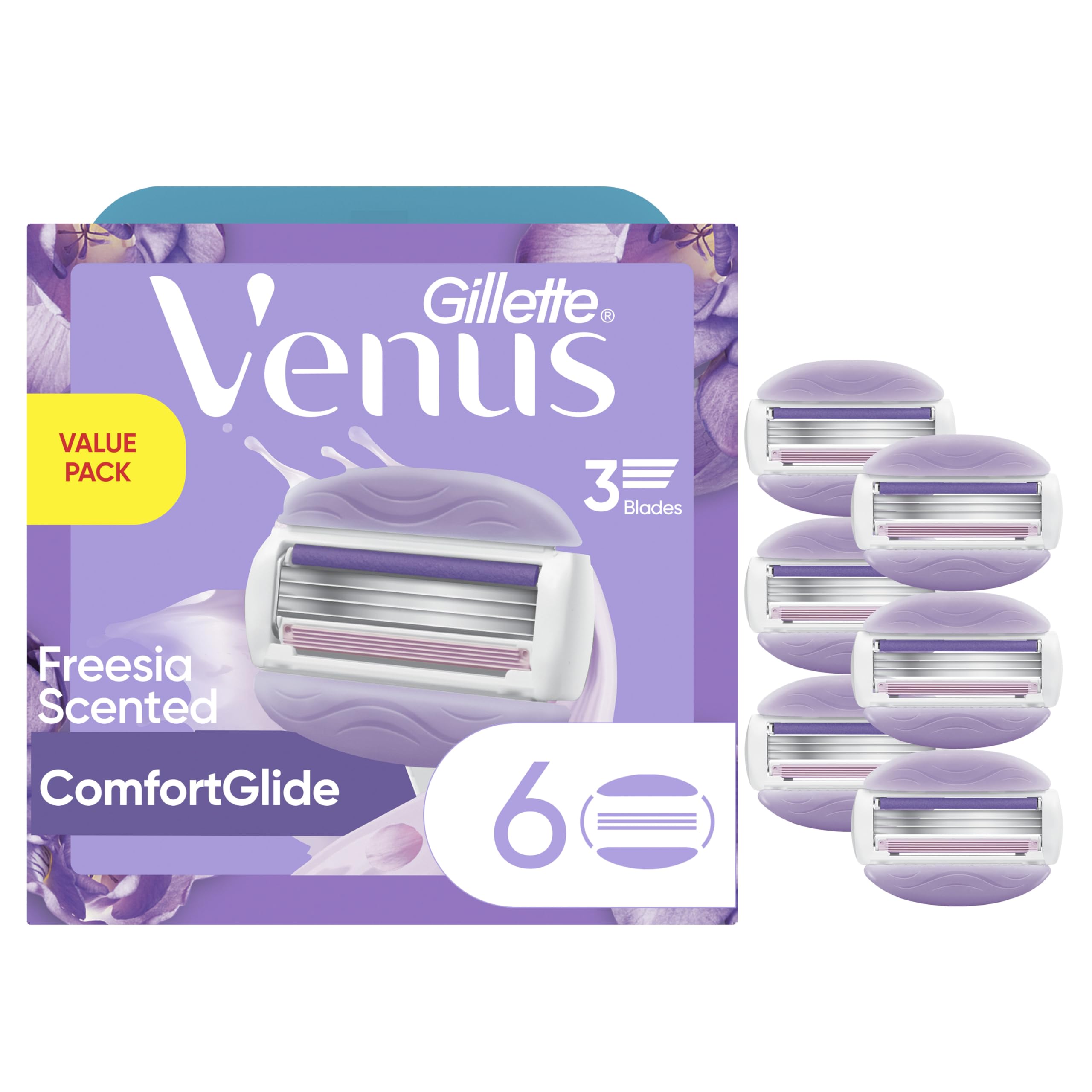 Gillette Venus ComfortGlide Freesia Women's Razor Refills, 6 Refill Cartridges, Fits Venus Reusable Razor Handles, 3-Bladed with Built-in Shave Gel Bars