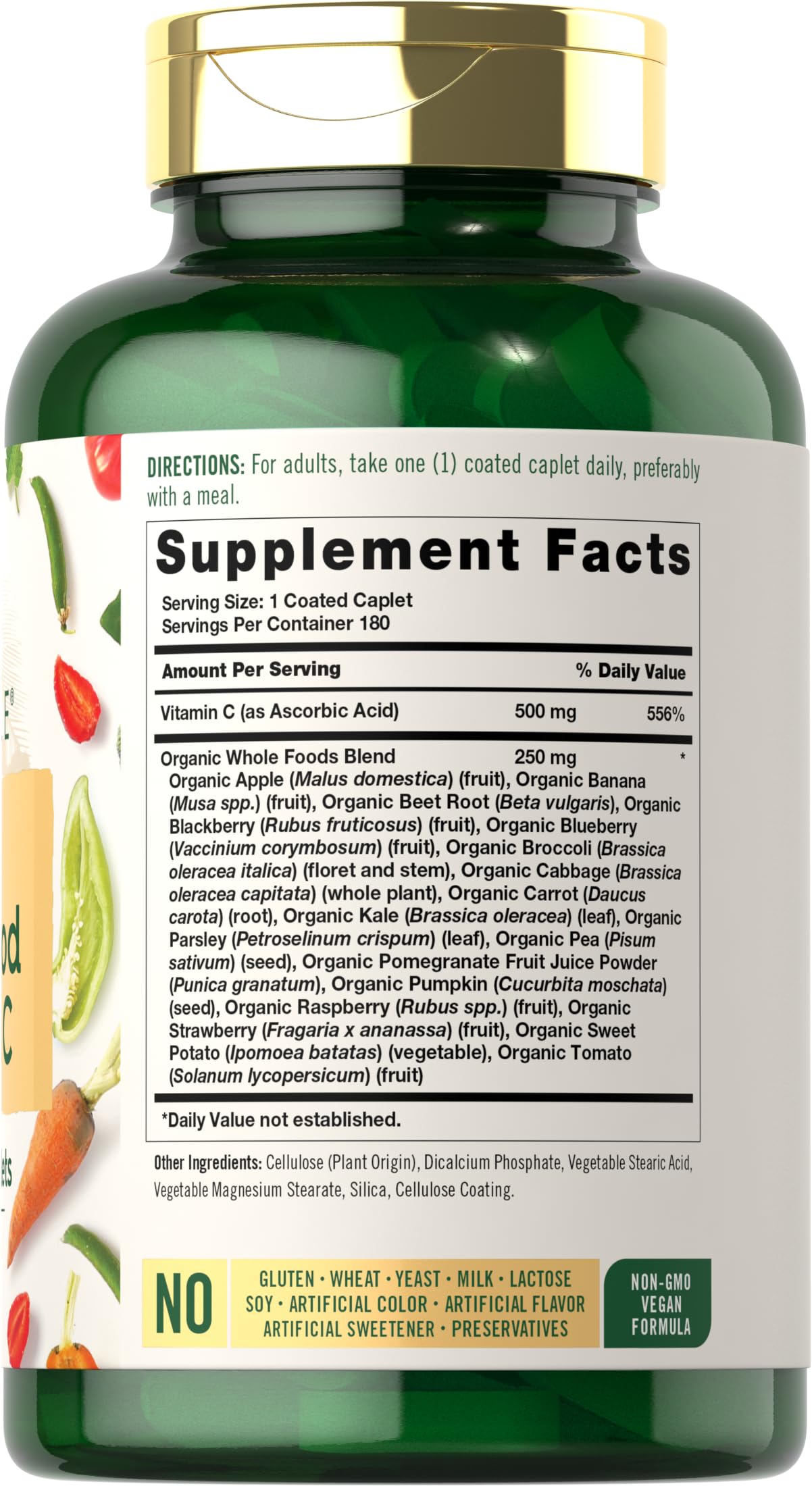 Carlyle Raw Whole Foods VIT C | 180 Coated Caplets | Dietary Supplement | Vegan, Non-GMO & Gluten Free