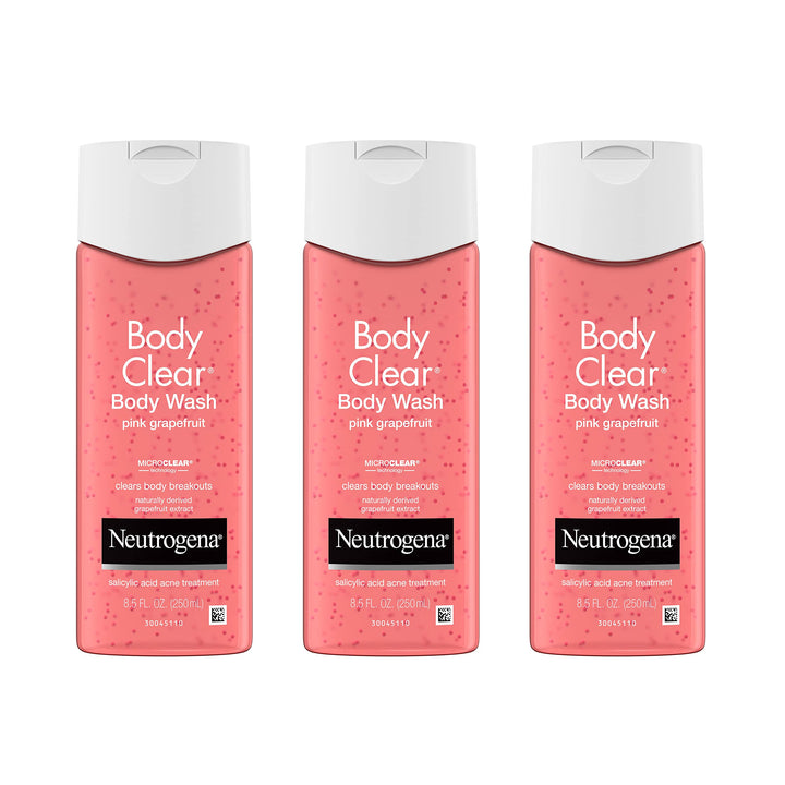 Neutrogena Body Clear Acne Treatment Body Wash with Salicylic Acid Acne Medicine, Pink Grapefruit Body Acne Cleanser to Prevent Breakouts on Back, Chest & Shoulders, 8.5 fl. oz, 3 Pack