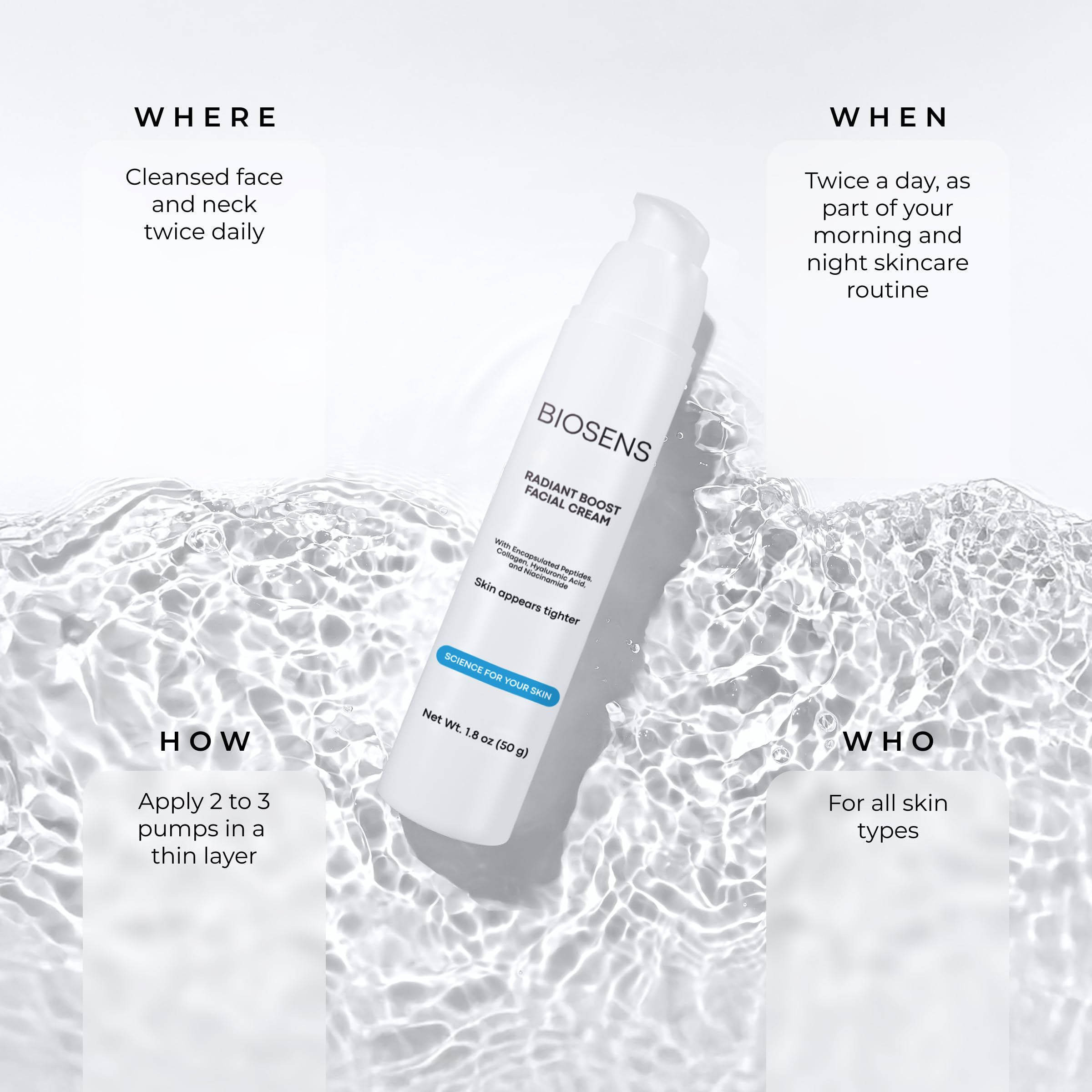 BIOSENS Antiaging Cream Moisturizer for face Prejuvenation, Reduces Wrinkles and fine lines, with Peptides, Collagen, Niacinamide & Vitamin E, Boost collagen production, 1.8 fl oz Airless Pump