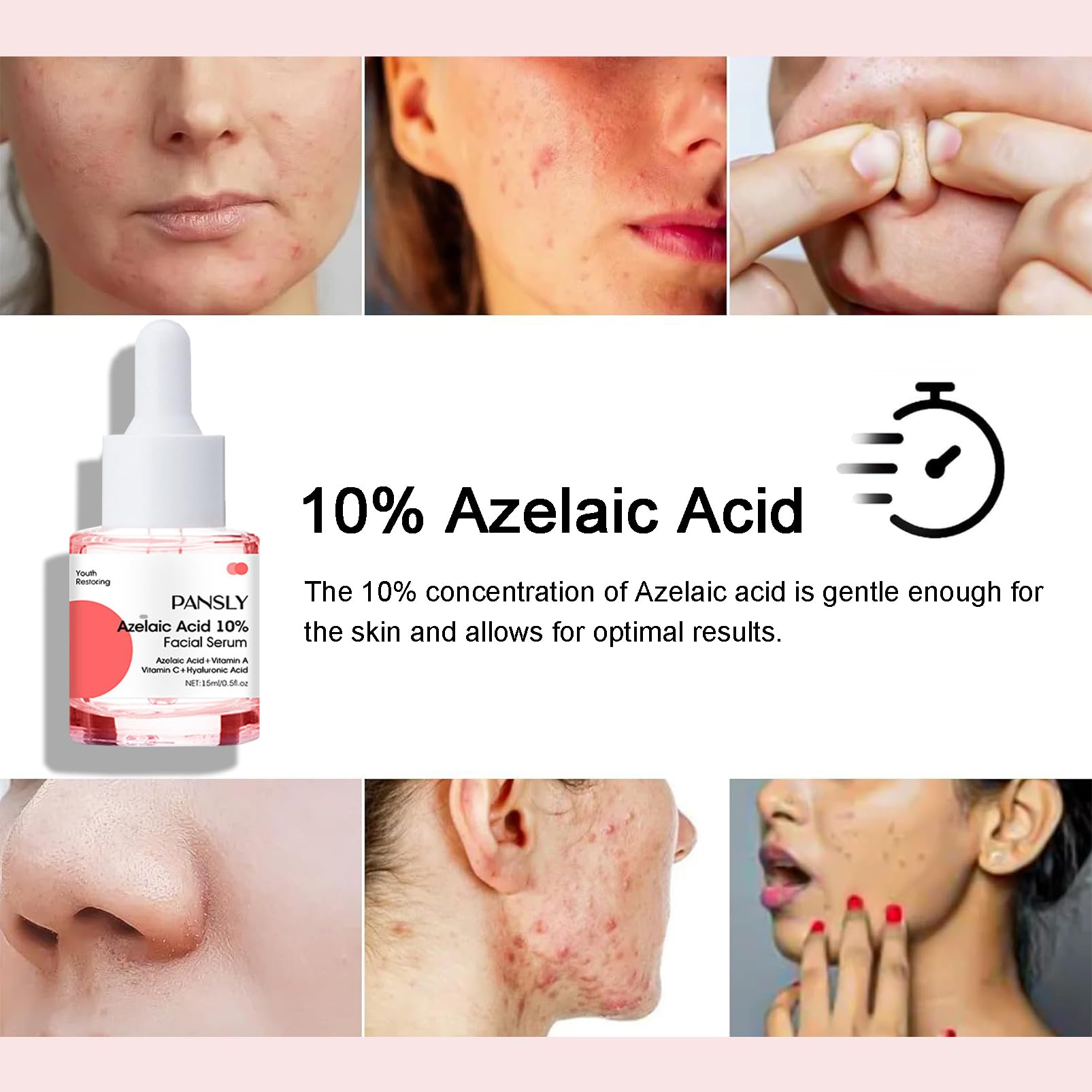 Azelaic Acid Serum, Azelaic Acid 10% Facial Serum, Skin Hyaluronic Acid Serum for Face, Redness-Relief for Face, Redness Reducing Skin Care, Balance Excess Sebum, 0.5oz