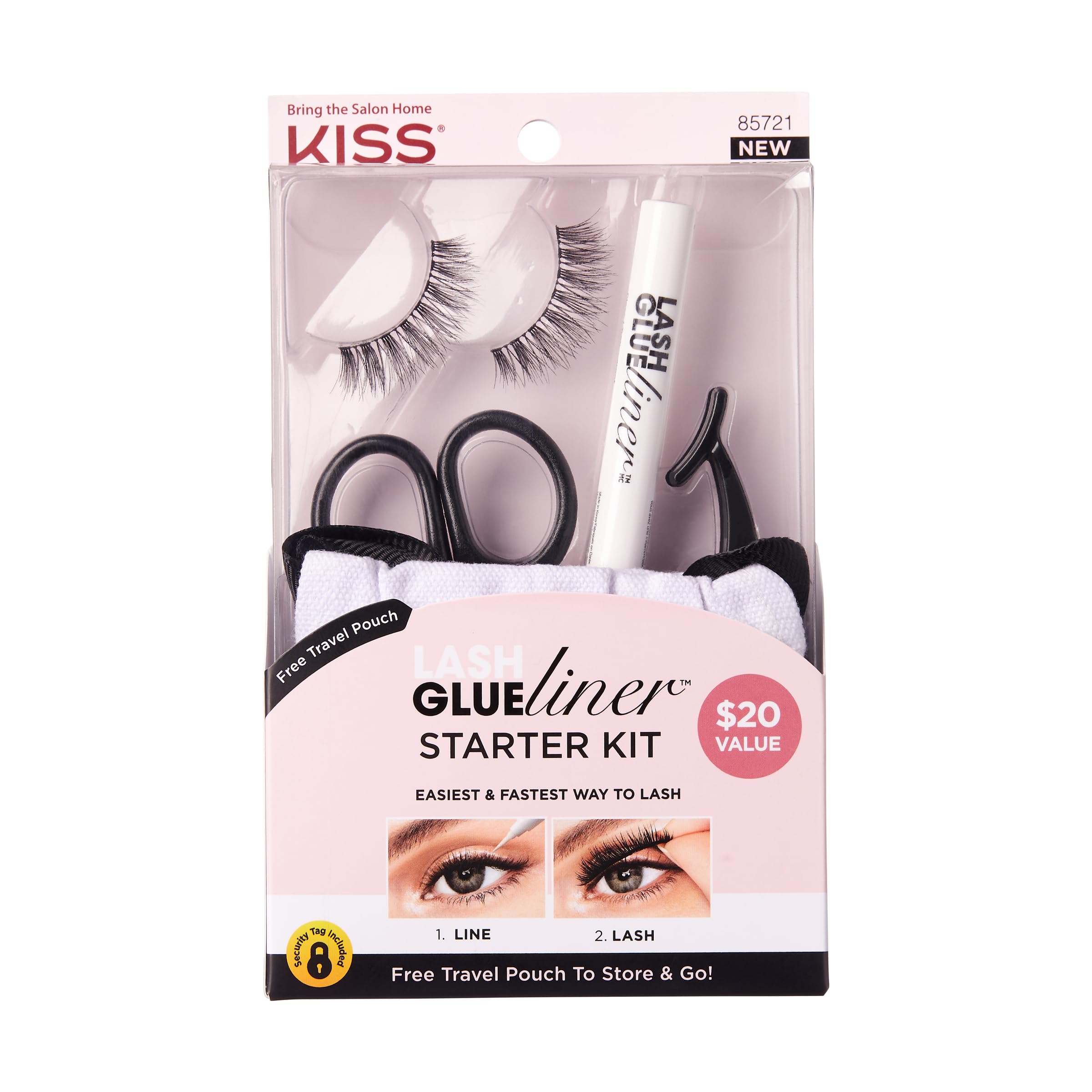 KISS Lash GLUEliner Starter Kit, Felt-Tip Eyelash Adhesive, Clear Matte Finish, Foolproof Application, Includes GLUEliner (0.5mL), Applicator, Scissors, Travel Pouch, & 1 Pair of Fake Eyelashes