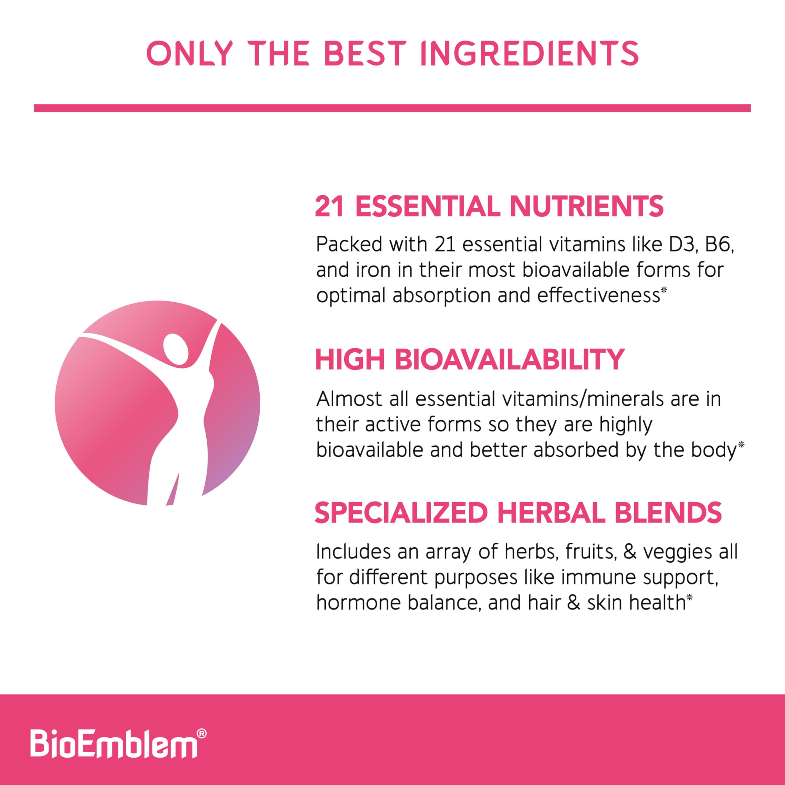 BioEmblem Women's Multivitamin - Complete Daily Multi for Immunity, Energy, Hair, Skin with Vitamin A, B12, B6, D3, Biotin, Iron, Magnesium, Collagen and Veggie Blends - Gluten Free - 90 Capsules