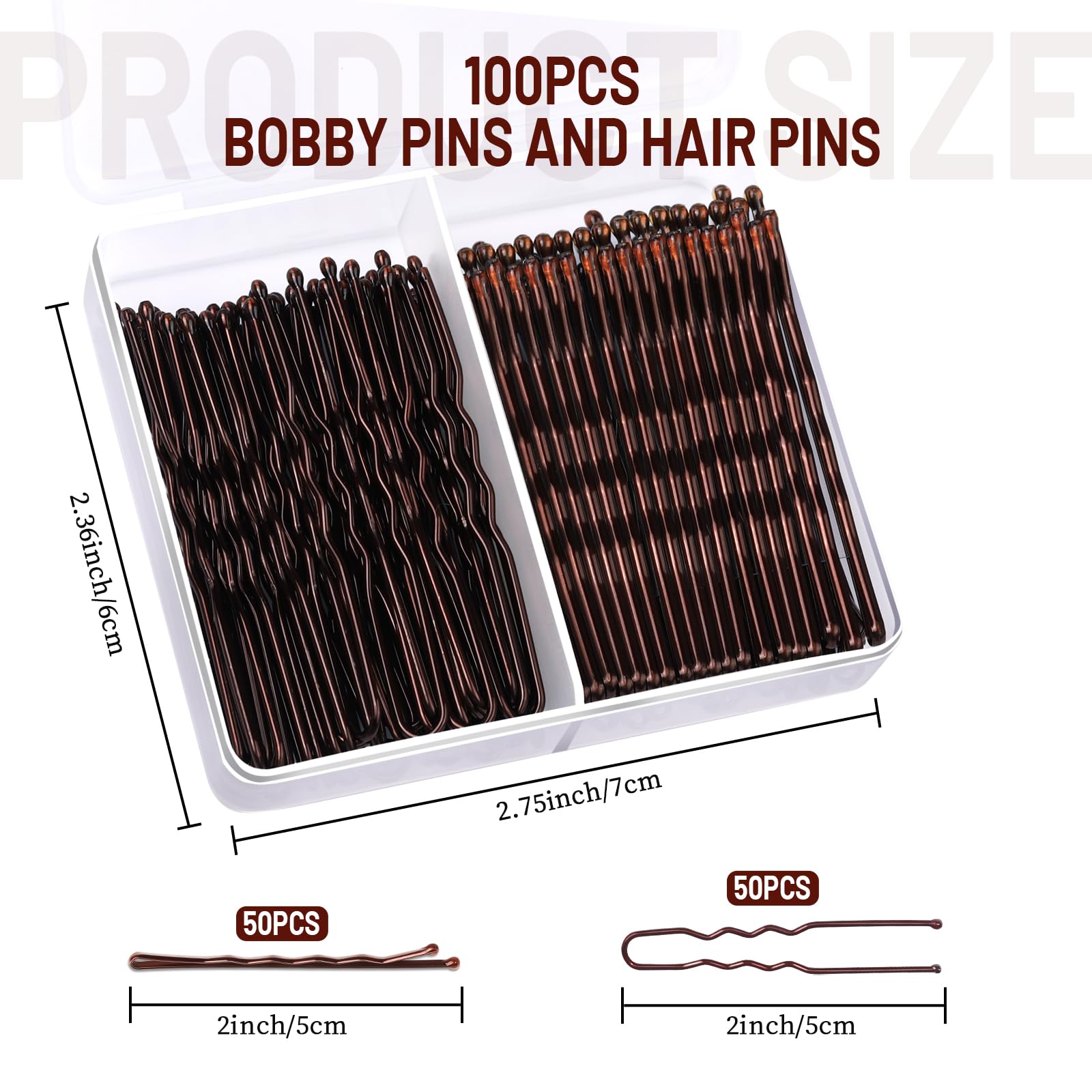 Teenitor 100Pcs Bobby Pins, Bobby Pins Brown Hair 50pcs Brown Bobby Pins 50pcs Hair Pins, Hair Pins for Women Bobby Pins for Women 2inch