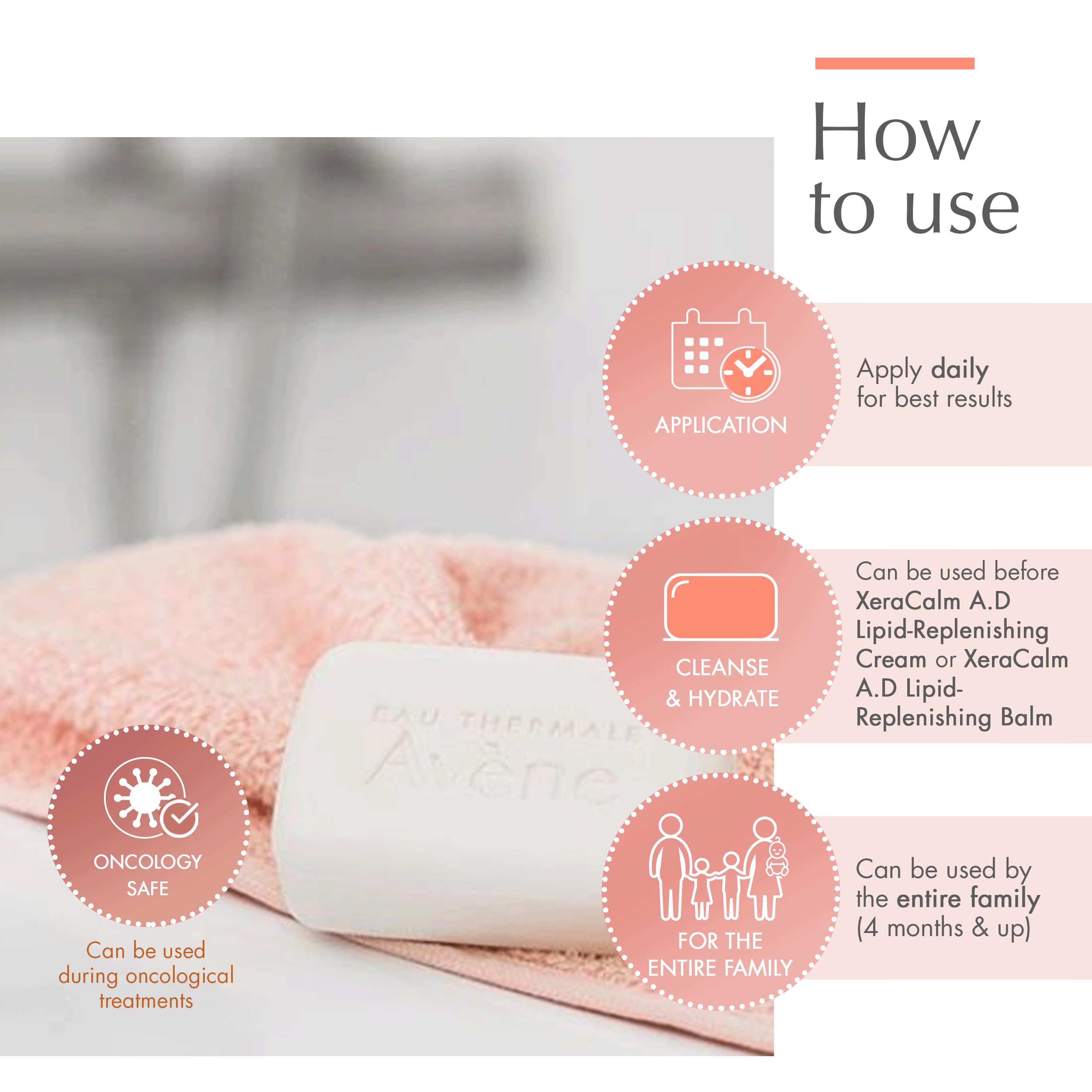 Eau Thermale Avene Xercalm A.D Ultra-Rich Cleansing Bar for Atopic Dermatitis, Eczema Prone Skin, Fragrance-Free, 100 g