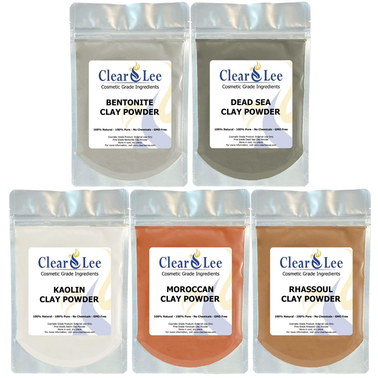 ClearLee Cosmetic Grade Clay Powders Variety Pack - Kaolin, Bentonite, Dead Sea, Moroccan, Rhassoul Clay - 5 Pack - 100% Pure Natural Powder - Great for Sampling and Discovering Best Clay for Skin