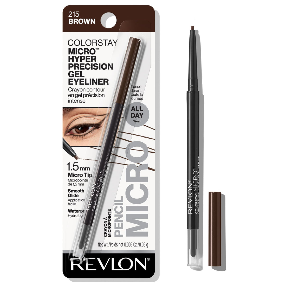 Revlon Gel Eyeliner, ColorStay Micro Hyper Precision Eye Makeup with Built-in Smudger, Waterproof, Longwearing with Micro Precision Tip, 215 Brown, 0.002 oz
