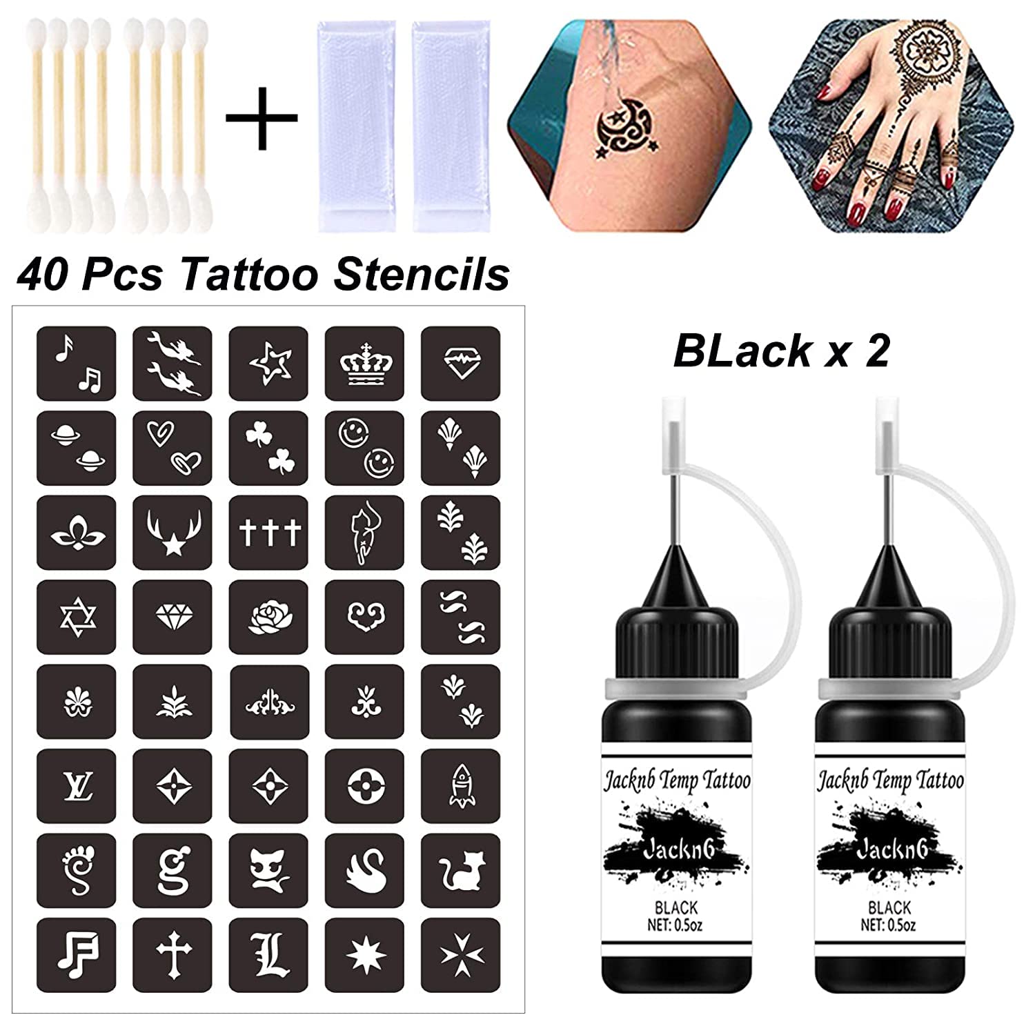 Jacknb Temporary Tattoo Kit, Semi Permanent Tattoo Jagua Gel Freehand Ink Temp Tattoos for Women Kids Men Body Art Painting DIY Fake Tattoos Freckles 40 Pcs Tattoo Stencils - 2 Bottles (1oz)
