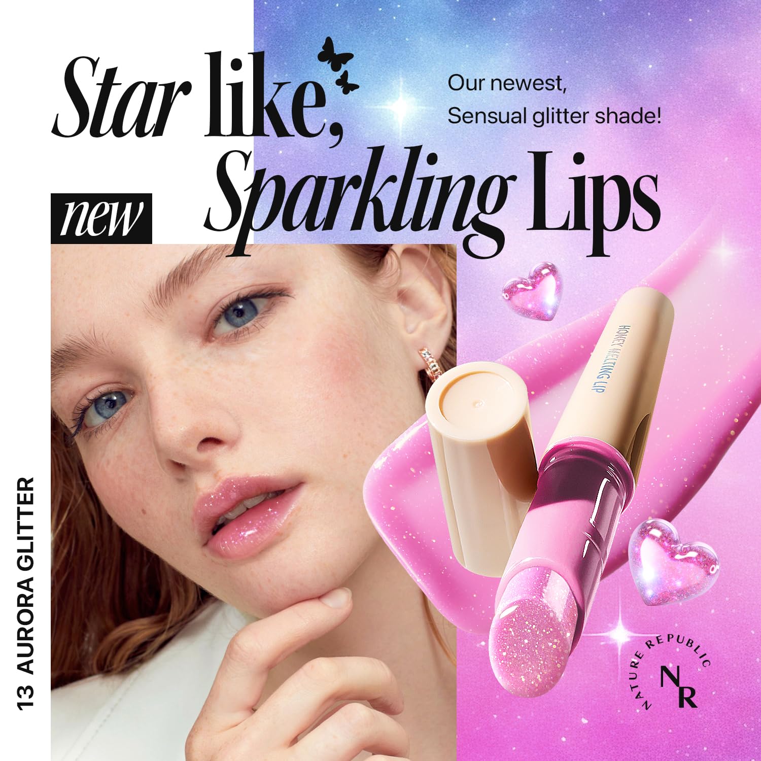 Nature Republic HONEY MELTING LIP GLITTER (13 AURORA) SOFT LIP STICK Hydrating Gloss, Moisturizing balms, Shine Glimmer Finish, Shimmery-Sheer tint, korean make up
