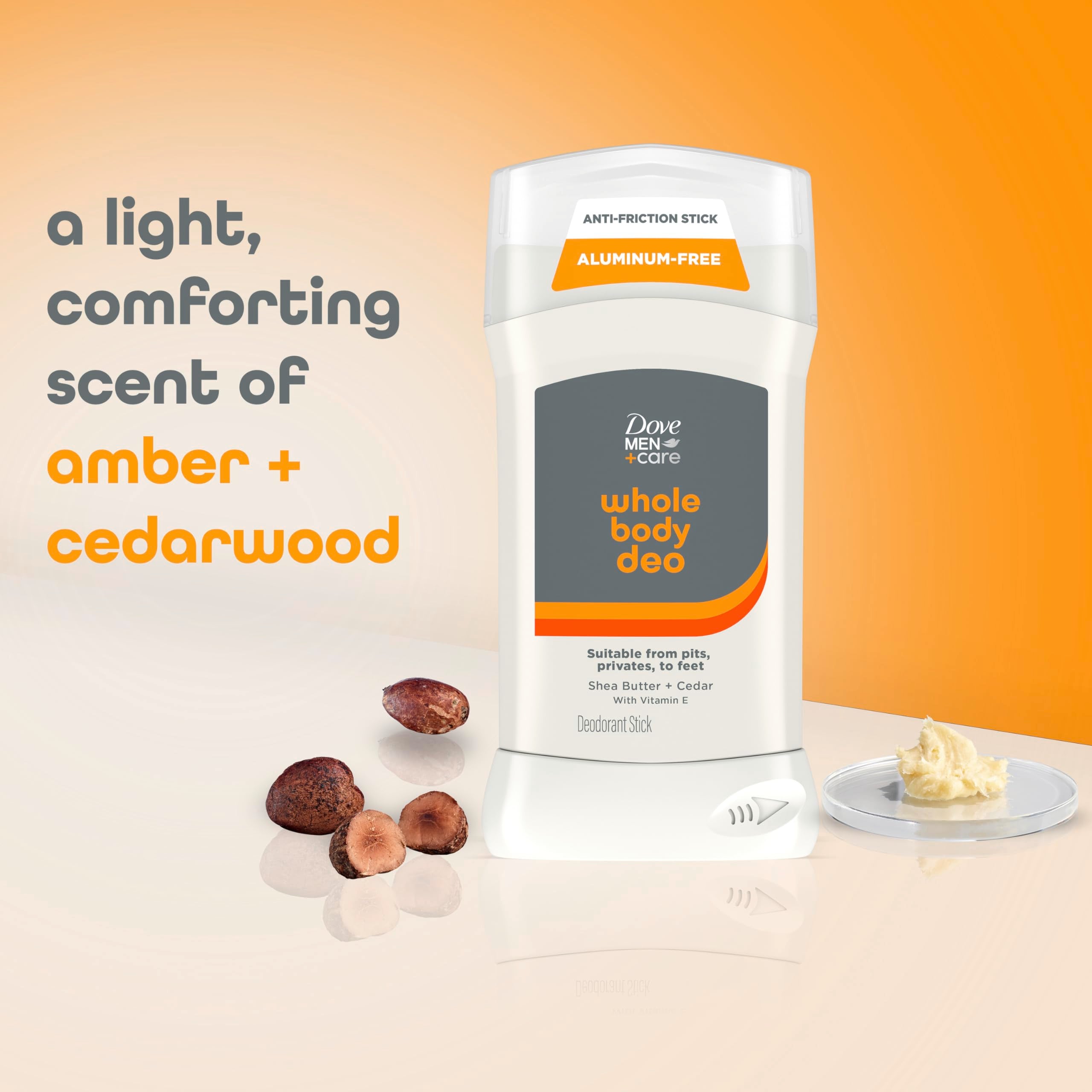 Dove Men+Care Whole Body Deodorant Shea Butter & Cedar For 72H Odor Protection from pits, privates, to feet 3 oz