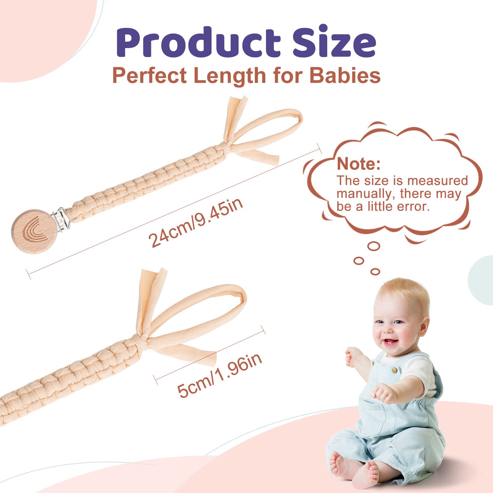 Symbolife Pacifier Clip for Boys Girls Pacifier Holder Leash Boho Rainbow Wooden Clips Handmade Braided Cotton Unisex Baby Shower Birthday Gift Christmas Gift