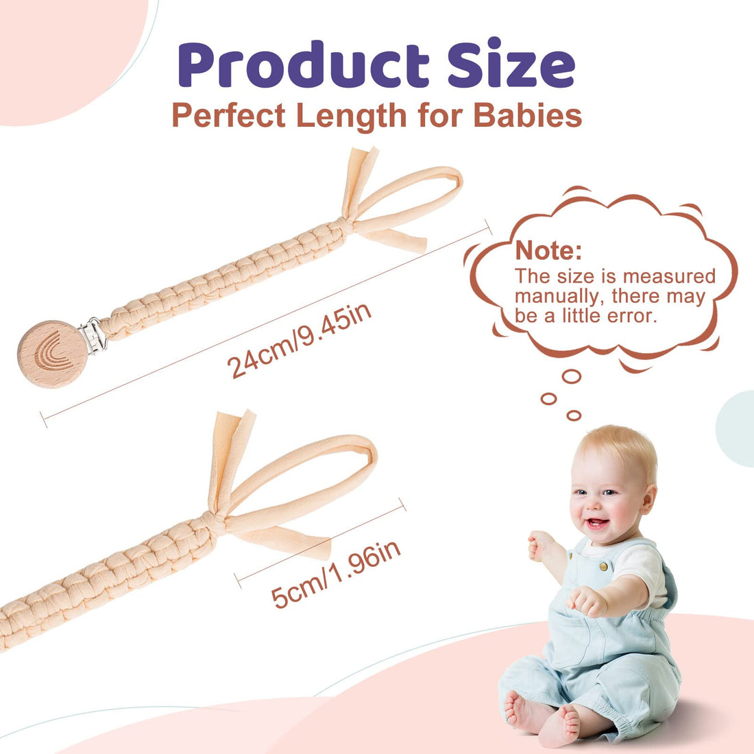 Symbolife Pacifier Clip for Boys Girls Pacifier Holder Leash Boho Rainbow Wooden Clips Handmade Braided Cotton Unisex Baby Shower Birthday Gift Christmas Gift