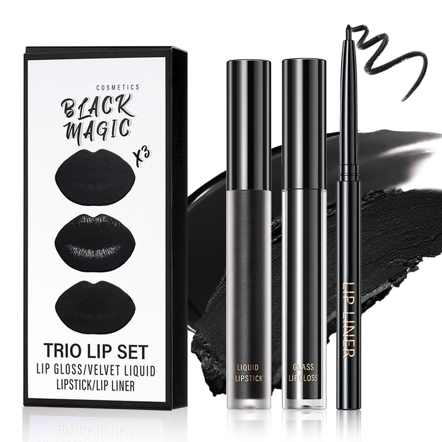 LZXLUKGIR Black Lipstick and Lip Liner Set Lip Kit,3 in 1 Velvet Black Lipstick Halloween Matte Black Liquid Lipstick Lip Gloss with Black Lip Pencil,Hydrating Lip Stain Lip Makeup(Black Magic)
