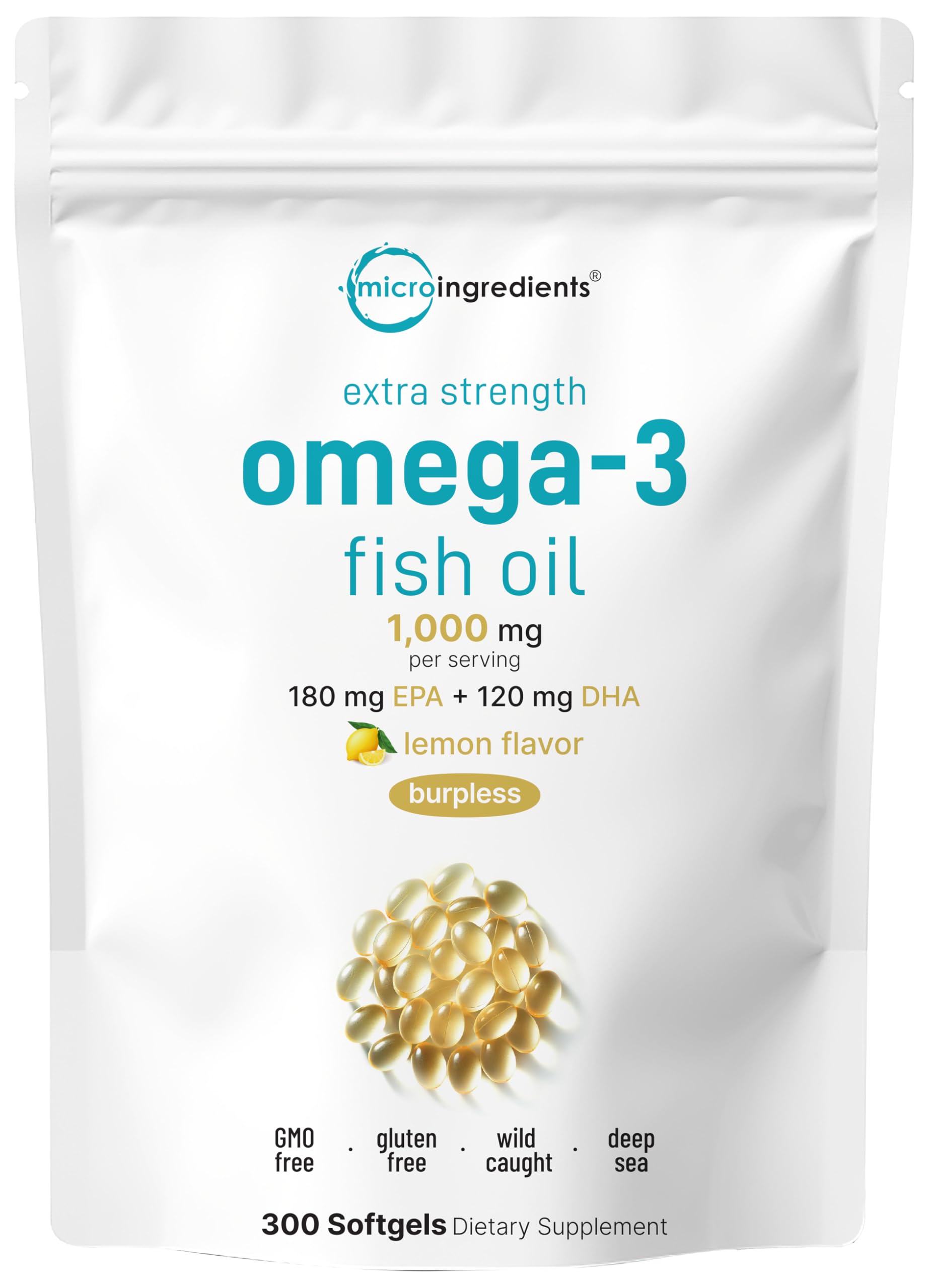 Extra Strength Omega 3 Fish Oil Supplements 1,000mg Per Serving, 300 Softgels | Lemon Flavored | Burpless | EPA 180mg + DHA 120mg | Deep Sea Fish