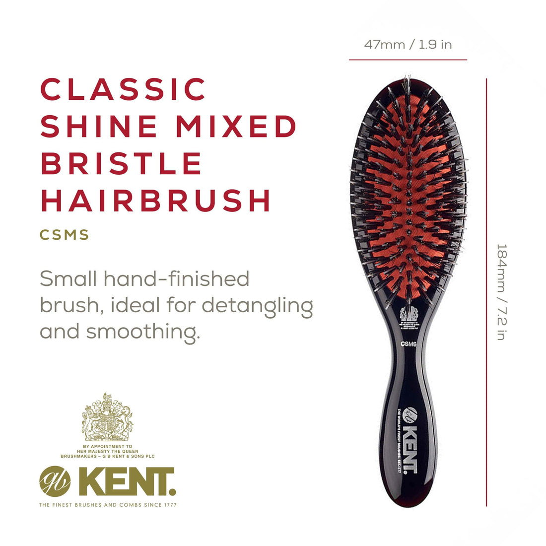 Kent Brushes Oval Porcupine Cushion Hairbrush, Ruby CSMS, Small, 6 Ounce
