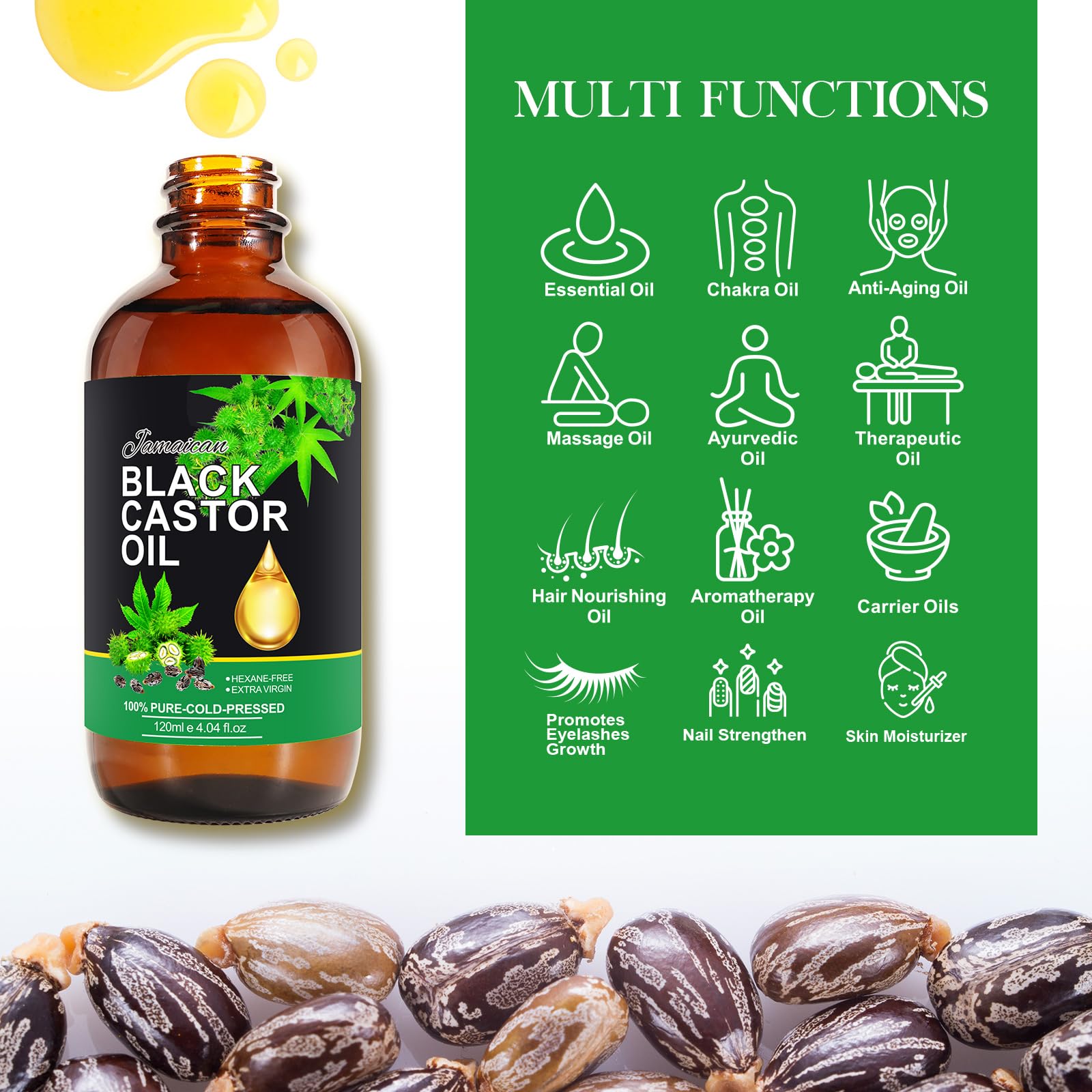 Organic Jamaican Black Castor Oil for Body with Natural Jade Stone Green Guasha Tool, 2.02 fl oz 100% Pure Cold Pressed Unrefined Massage Oil + Gua Sha Scraping Massage Tool,Skin-Care Gift