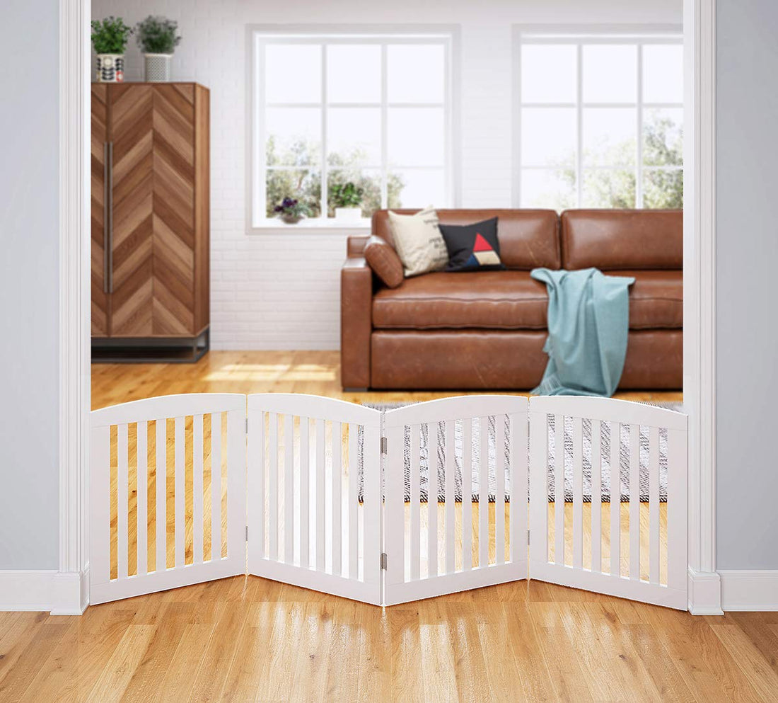 PAWLAND Wooden Freestanding Foldable Pet Gate for Dogs, 24 inch 4 Panels Step Over Fence, Dog Gate for The House, Doorway, Stairs, Extra Wide (White, 24 Height-4 Panels)