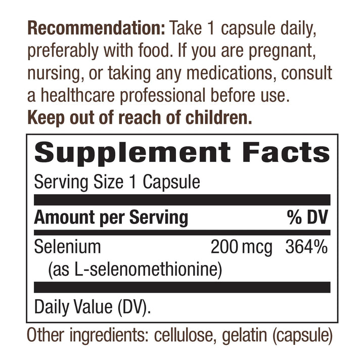 Nature's Way Selenium - 200 mcg per serving - L-Selenomethionine - Potent Antioxidant - Essential Mineral Supplement - Gluten Free - 100 Capsules