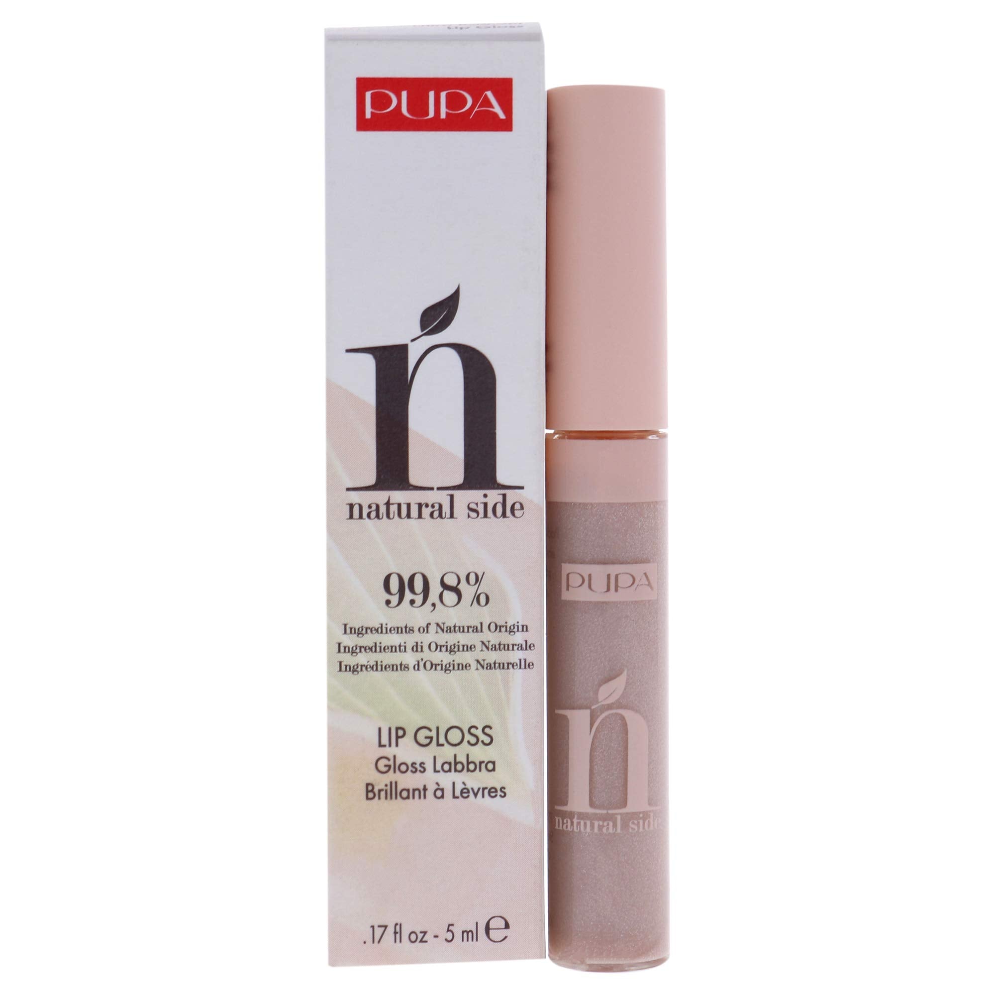 Pupa Milano Natural Side Lip Gloss - Ultra Radiant Effect With 99.8% Ingredients of Natural Origin - Comfortable and Non-Sticky - Contains Natural Oils and Rice Starch - 001 Light Rose - 0.17 Oz