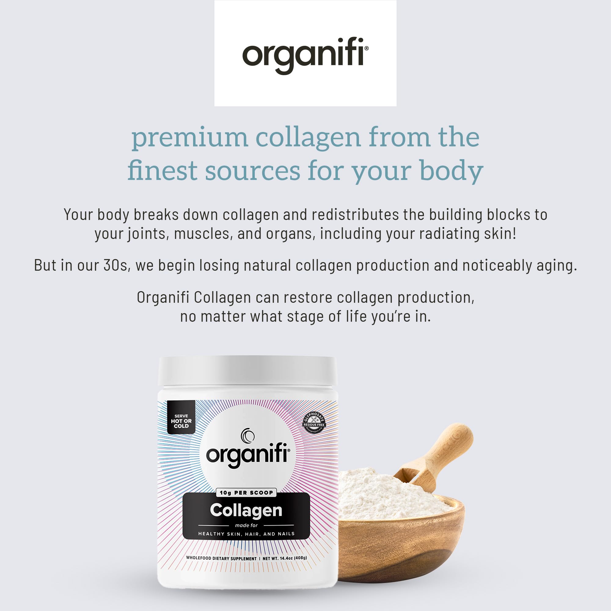 Organifi Unflavored Collagen Powder - Supports Stronger Skin, Nails, and Hair, 30 Servings