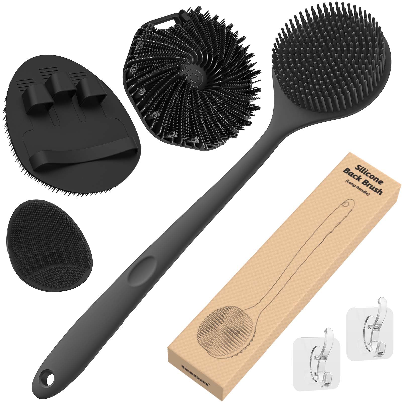 Manmihealth Silicone Back Scrubber & Soft Bath Glove Set 4 PCS(Thin Bristles), Super-Exfoliating Body Scrubber & Super-Lathering Shower Brush Combination, with 2 Free Hooks (Black)