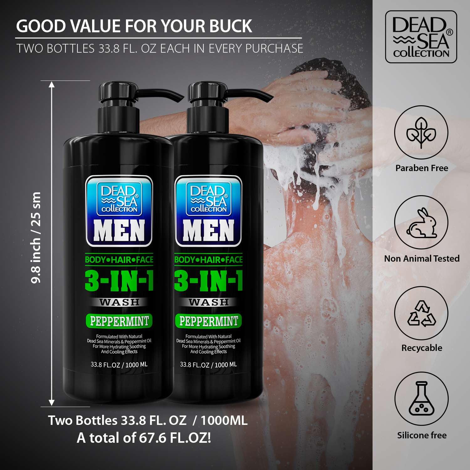 Dead Sea Collection Mens Body Wash 3 in 1 – Peppermint Body Wash for Men – Shower Gel – Shampoo – Shower Soap for Face and Hair – Pack of 2 Bottles (33.8 Fl. Oz. Each)