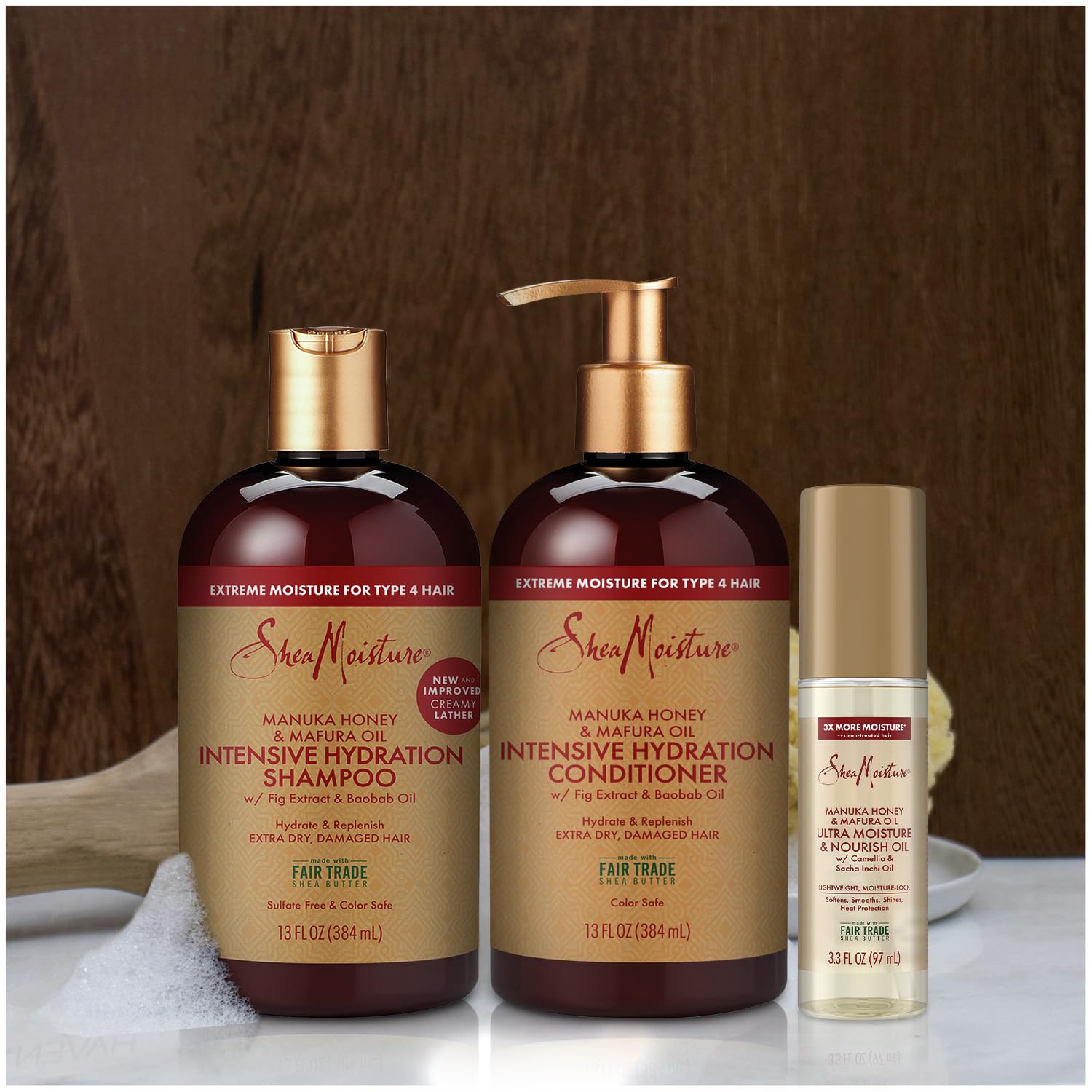 Shea Moisture Shampoo & Conditioner Set + Ultra Moisture & Nourish Oil Gift Set –Manuka Honey & Mafura Oil Treatment for Dry, Damaged Hair (3 Piece Set)