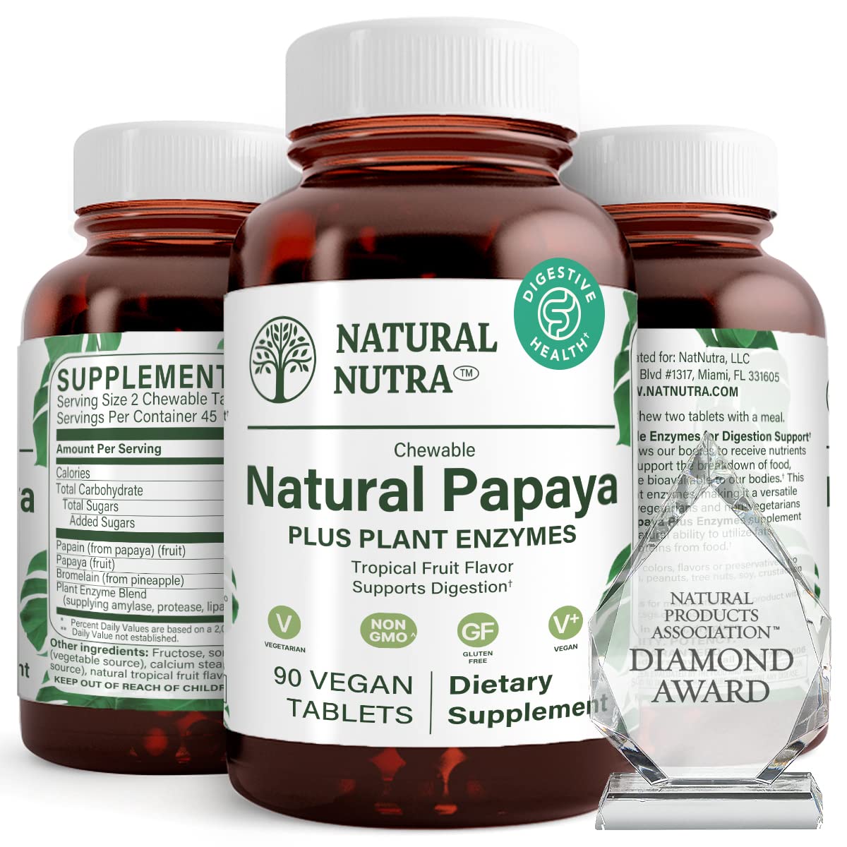 Natural Nutra Papaya Chewable Enzymes for Digestion and Body Cleanse - Supports Digestive Health, Ease Gastrointestinal Discomfort - Nutrient Absorption and Reduces Bloating - 90 Vegan Tablets