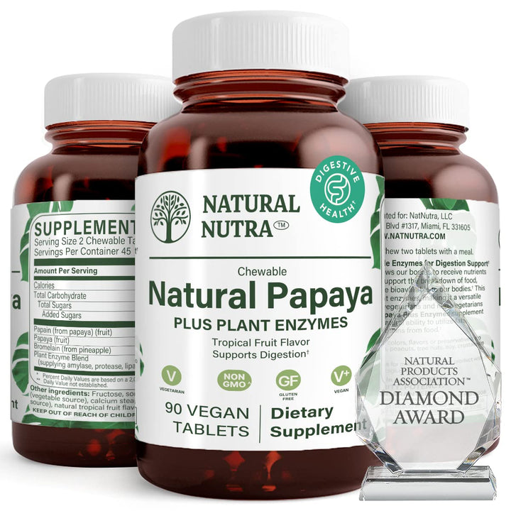 Natural Nutra Papaya Chewable Enzymes for Digestion and Body Cleanse - Supports Digestive Health, Ease Gastrointestinal Discomfort - Nutrient Absorption and Reduces Bloating - 90 Vegan Tablets