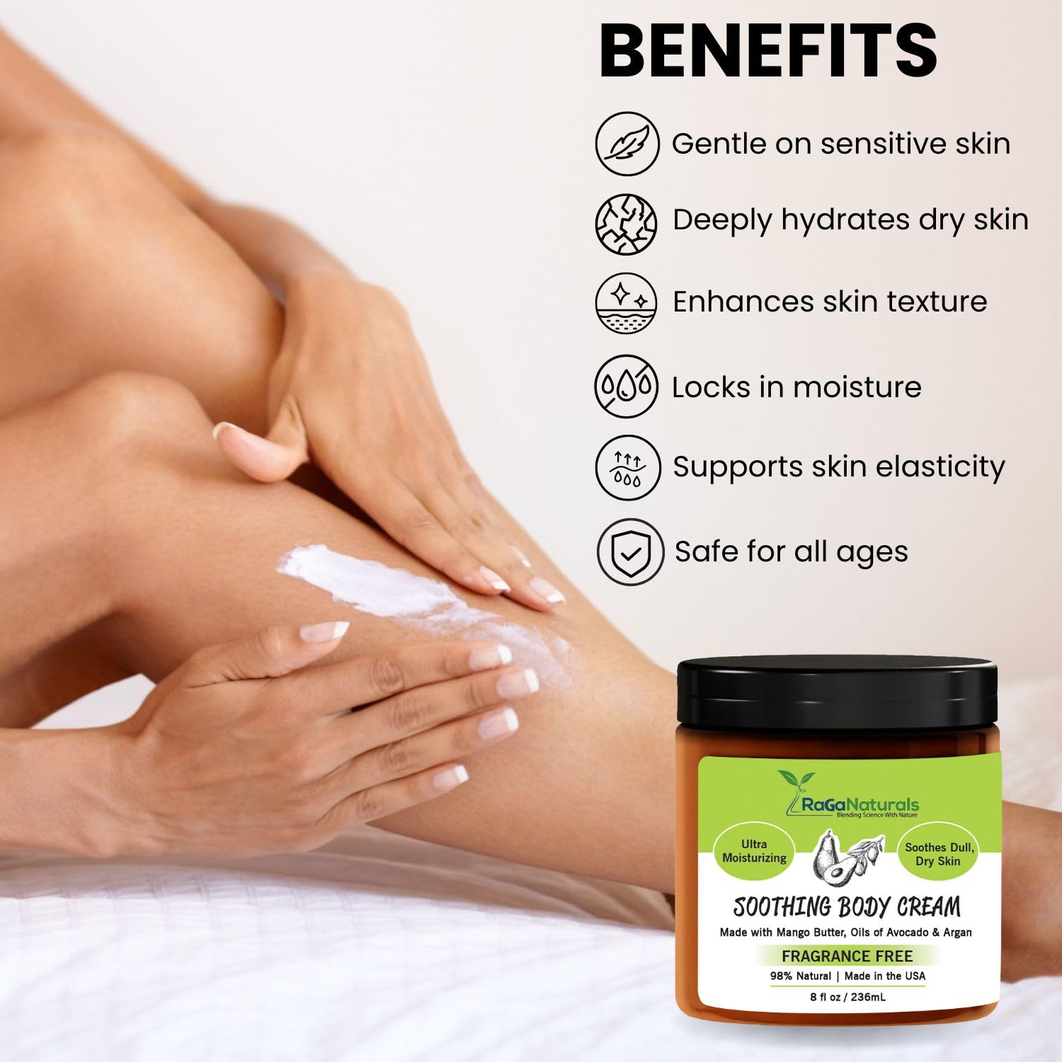 RaGaNaturals Natural Moisturizing Cream - Body & Face Moisturizer for Dry to Very Dry, Sensitive Skin - Unscented Body Cream with Vitamin E & Avocado, Argan Oil - Non-Comedogenic, Fragrance Free -8 Oz