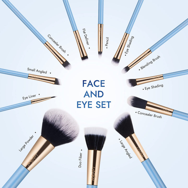 Enther & LaFeel Makeup Brush Set, Premium Cosmetic Wood Handle Brushes 12pcs for Foundation Blending Blush Concealer Eye Shadow, Cruely-Free Synthetic Fiber Bristles, Blue Collection