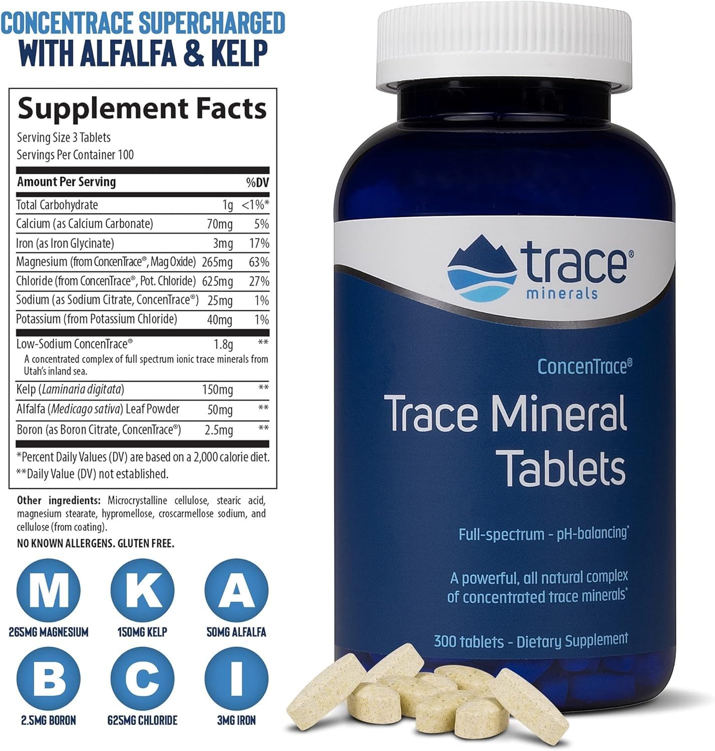 Trace Minerals ConcenTrace Trace Mineral Tablets - Supplement for Bone & Joint Support - Aids Hydration & Electrolyte Restoration - 300 Tablets (100 Servings)