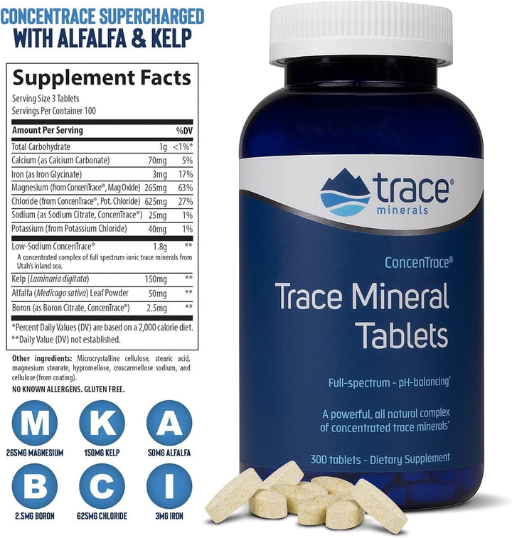 Trace Minerals ConcenTrace Trace Mineral Tablets - Supplement for Bone & Joint Support - Aids Hydration & Electrolyte Restoration - 300 Tablets (100 Servings)