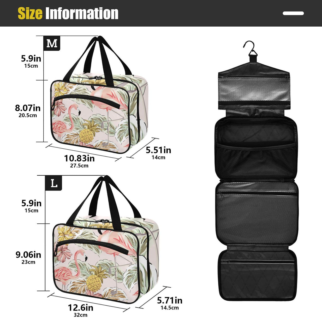 Toiletry Bag Travel Bag with Hanging Hook Tropical Pink Flamingos Pineapples Hibiscus Bouquets Palm Leaves Makeup Cosmetic Bag Travel Organizer Water-resistant for Toiletries Accessories Shampoo Fu