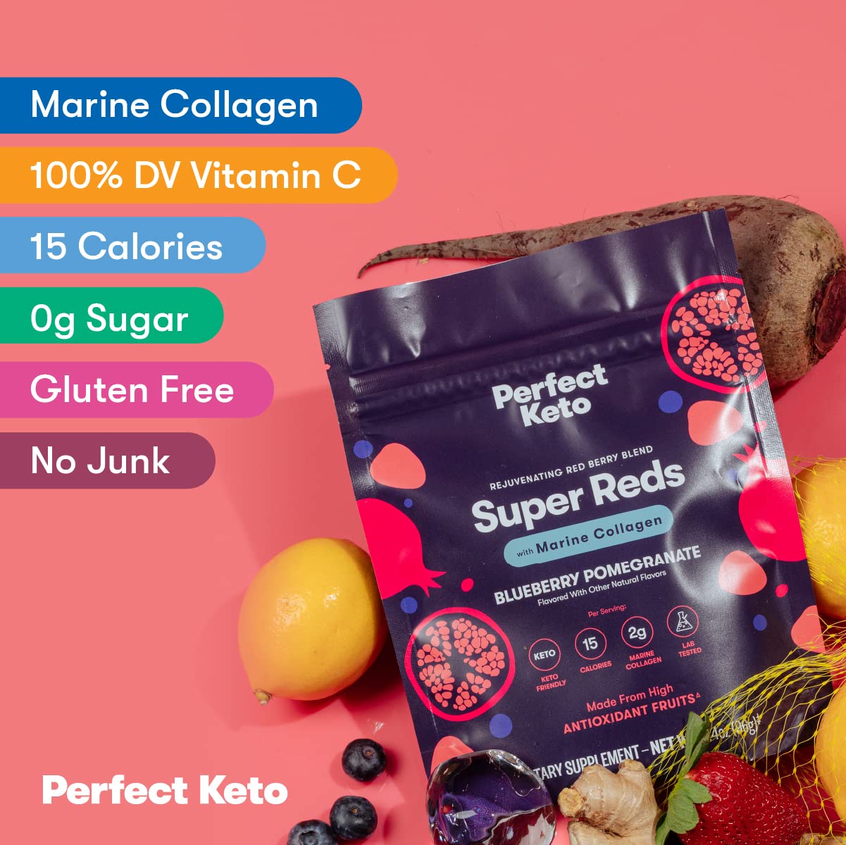 Perfect Keto Super Reds Superfood Powder, Antioxidants Supplement with Fruit & Vegetable Powder, Polyphenols & Marine Collagen, Drink Mix for Skin & Energy Support, Blueberry Pomegranate, 20 Servings