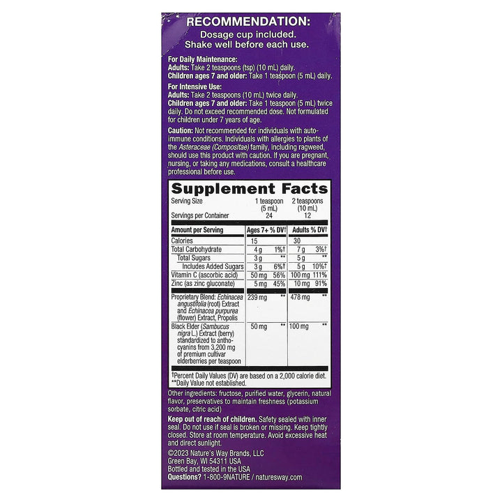 Nature's Way Sambucus Immune Elderberry Syrup, Herbal Supplements with Echinacea, Zinc, and Vitamin C, Gluten Free, Vegetarian, 4 Fl Oz (Packaging May Vary)