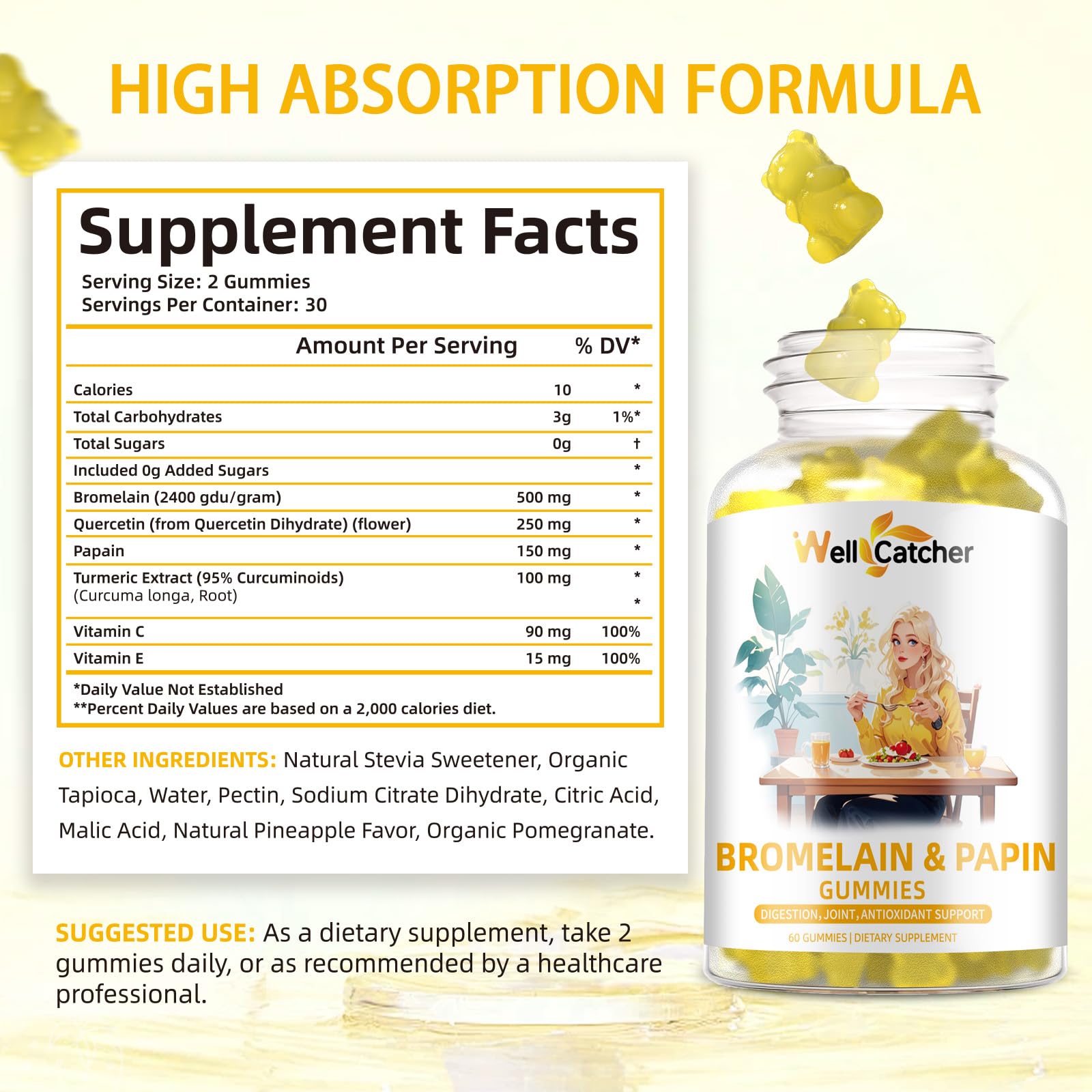 Bromelain Papain Enzyme Gummies Supplement: Bromelain 500MG with Querectin Gummies for Adults Kids, Organic Bromelain Papaya Enzymes Chewable for Digestive Support Immunity Antioxidant Vegan 60CT