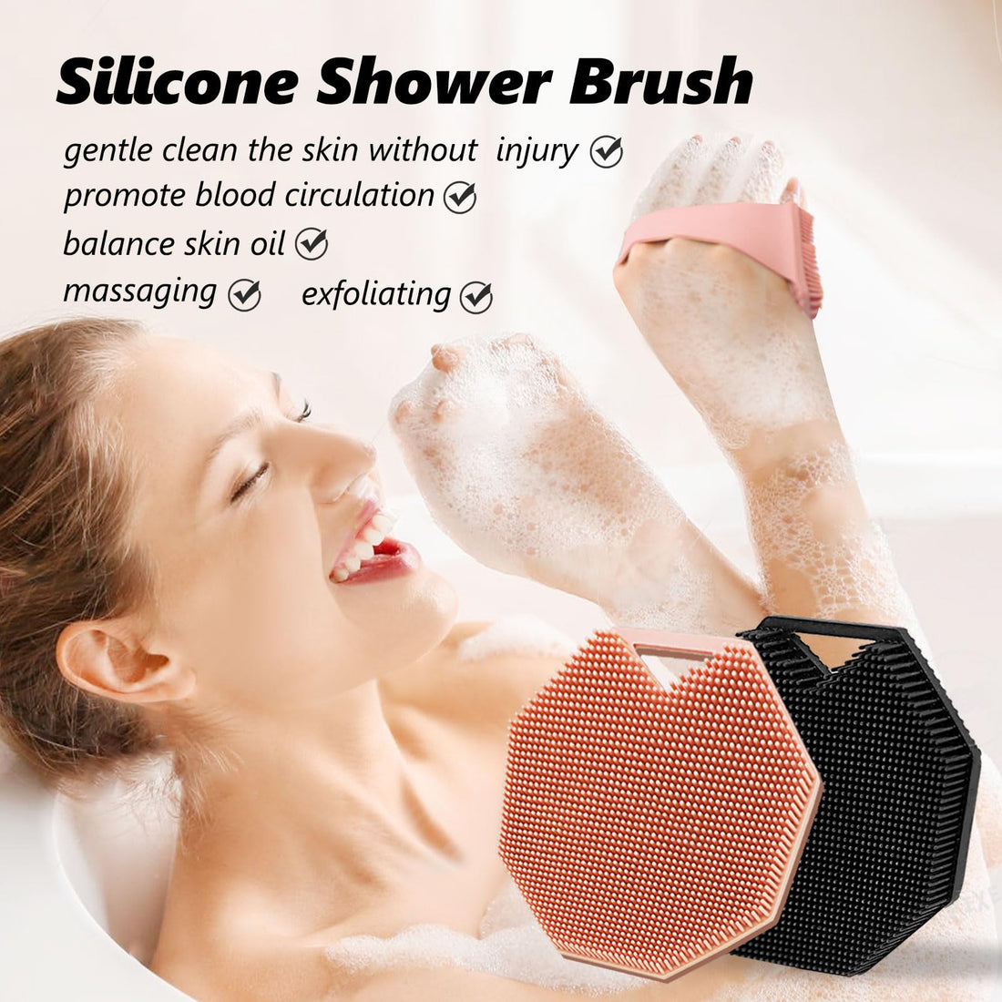 2 Pack Silicone Body Scrubber, Exfoliating Body Scrubber for Sensitive Skin, Silicone Loofah with Anti-Slippery Handle, Stays Clean Easily, Travel-Friendly for Men & Women (Black + Pink)