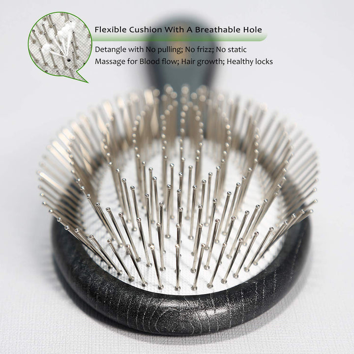 BESTOOL Hair Brush-Natural Wooden Large Paddle Hair Brushes with Metal Pins Scalp Massager Black Detangle Hairbrush for Women Men Baby Hair Care Add Shine and Remove Knots with Ease (Oval)