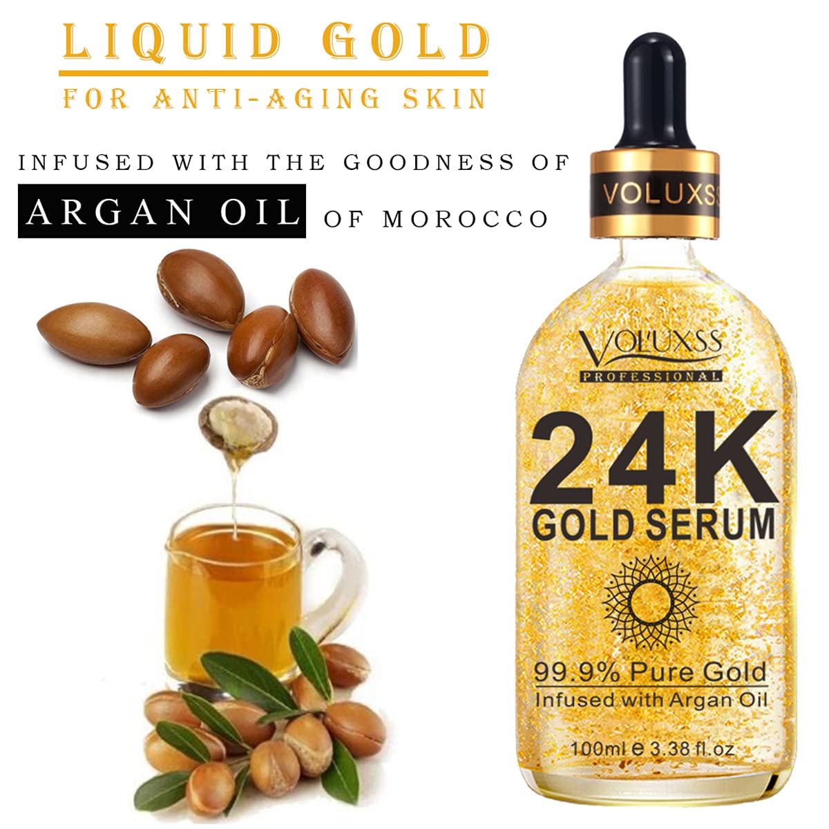 Voluxss 24K Gold Serum for Face,Skin Brightening Anti Aging Face Serum Moisturizer with Vitamin C,Hyaluronic Acid & Argan Oil for Dark Spots & Fine Lines,Korean Skin Care Glow Collagen Booster Serum