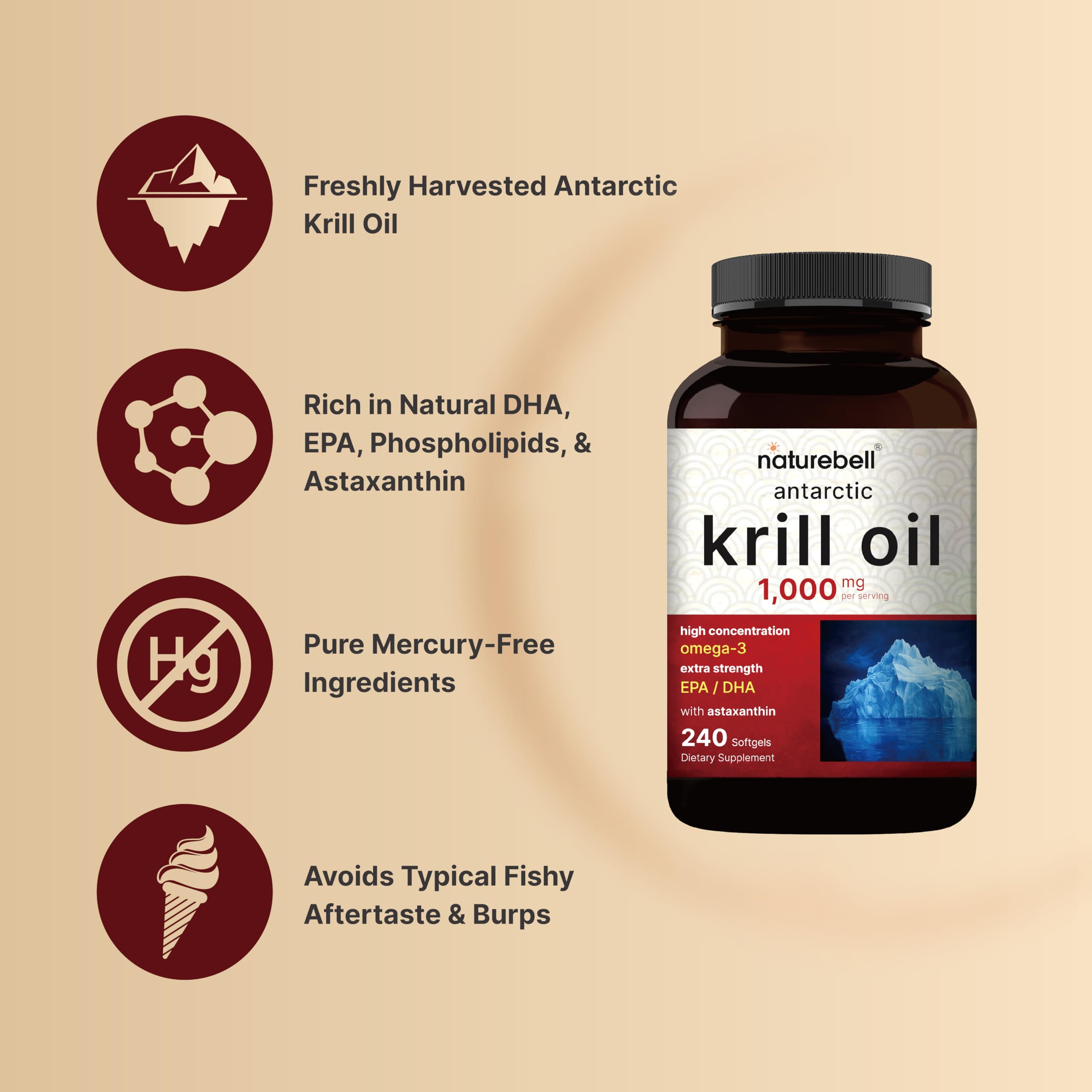 NatureBell Antarctic Krill Oil 1000mg Supplement, 240 Softgels, Natural Source of Omega-3s, EPA, DHA and Astaxanthin - No Aftertaste - Support Heart Health, Mercury Free & Non-GMO
