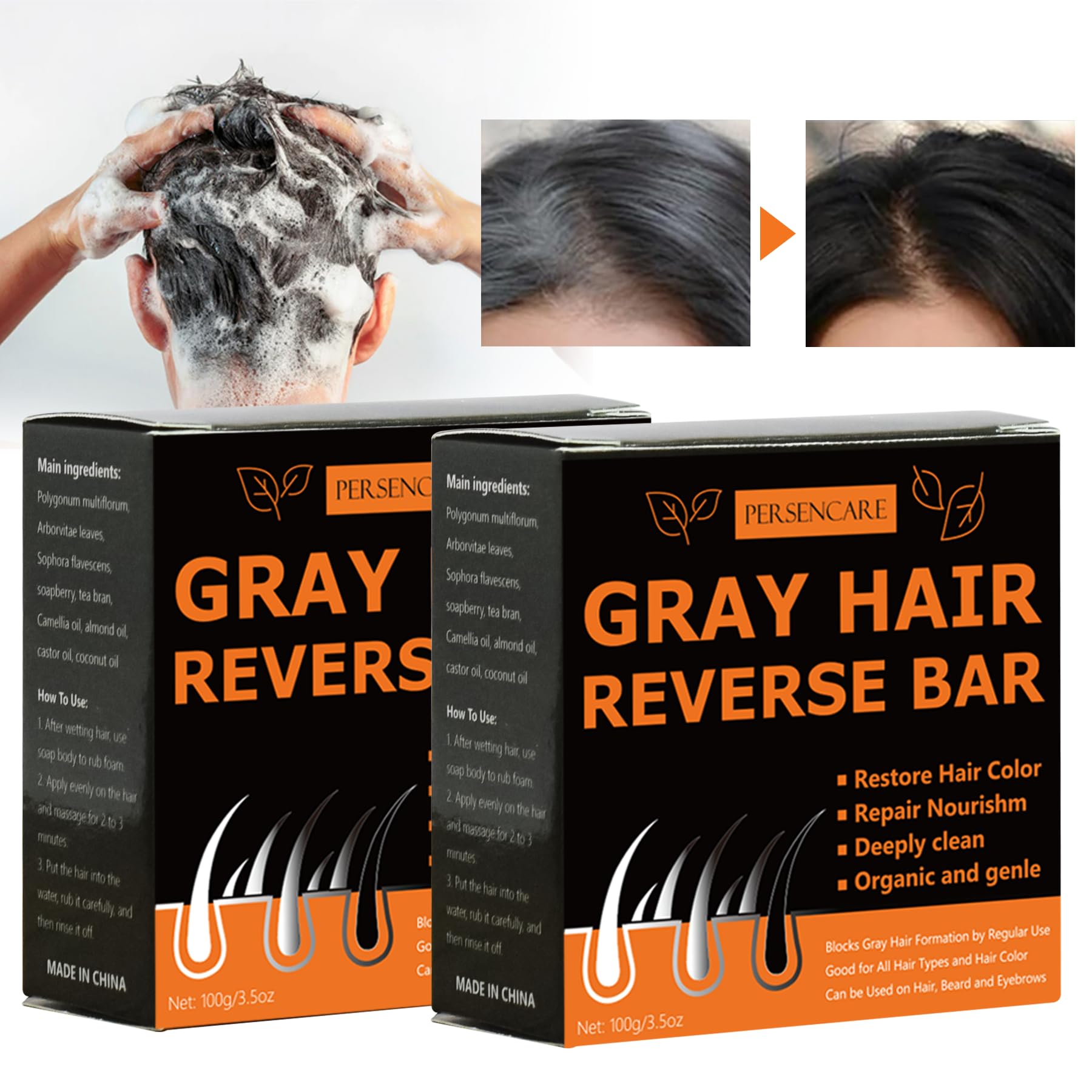 VAEYAE Natural Gray Hair Reverse Bar, Men & Women Bar Shampoo and Conditioner Cover Grey, Hair Thickening & Darkening Black Soap, for Reducing Thinning Hair Loss, Polygonum Castor Oil Bars 2 Pcs