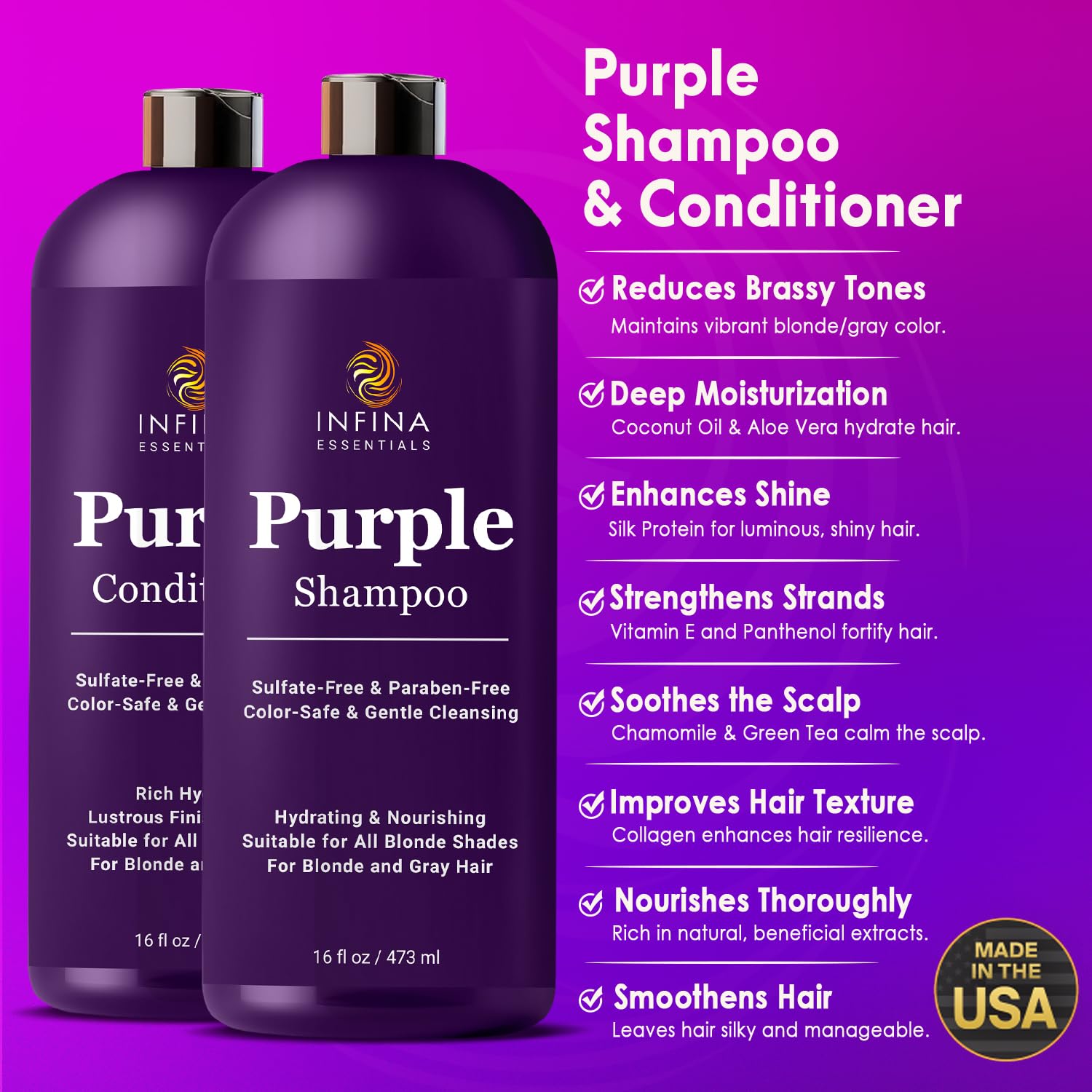 INFINA ESSENTIALS Purple Shampoo and Conditioner Set - Sulfate Free, Enriched with Coconut Oil & Aloe Vera, Ideal for Blonde, Gray, Brassy & Color Treated Hair, Nourishes & Hydrates - 16 fl oz each