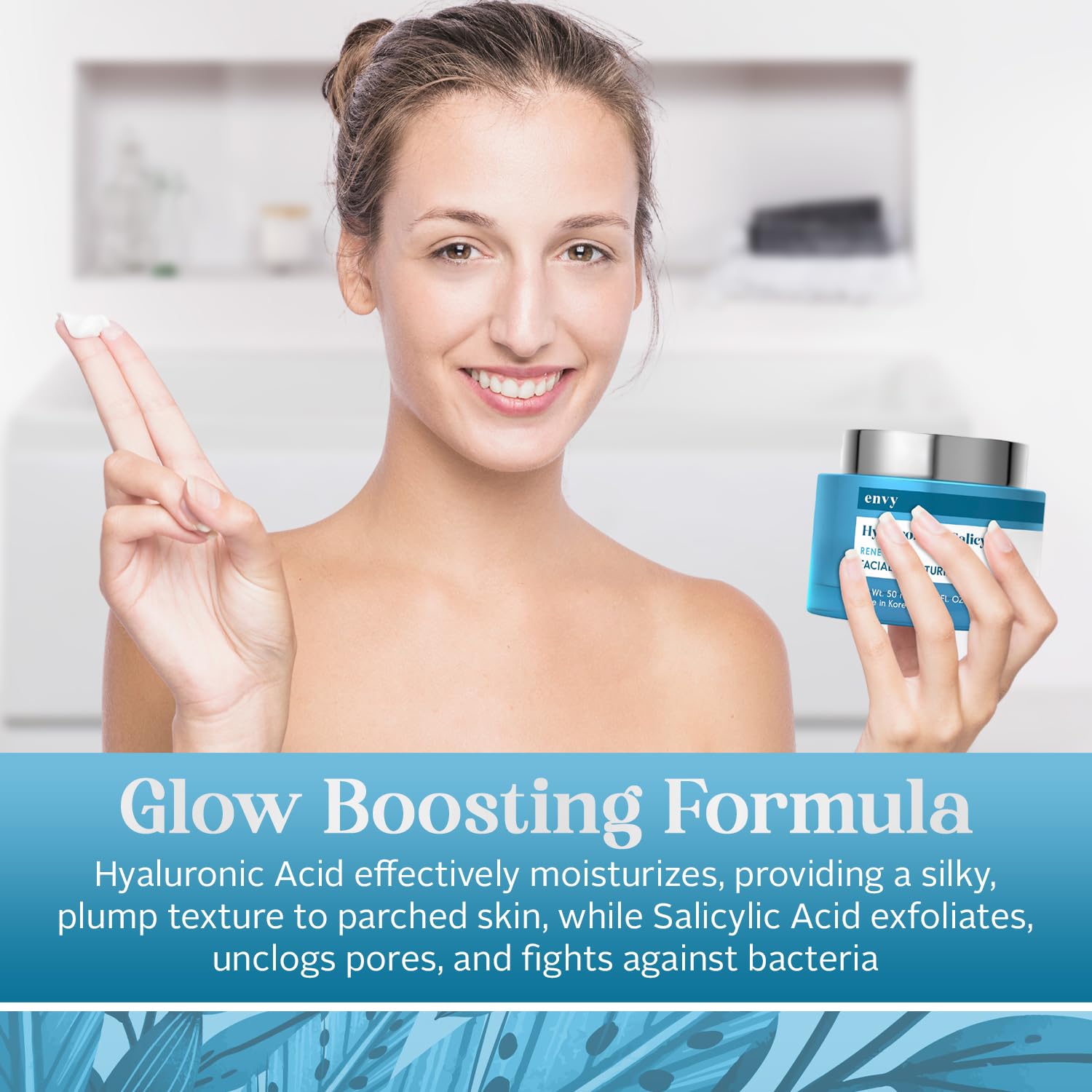 Envy Hyaluronic & Salicylic Acid Face Moisturizer Cream - Hydrating, Acne Scar Reduction & Anti-Aging Day Cream - Dermatologist Tested, Clean Beauty for All Skin Types - 1.69 Fl. Oz