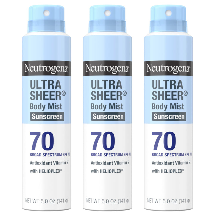 Neutrogena Ultra Sheer Body Mist Sunscreen Spray, Broad Spectrum SPF 70, Lightweight Spray Sunscreen, Non-Greasy & Water Resistant, Oil-Free & Non-Comedogenic UVA/UVB, 5 oz, Pack of 3