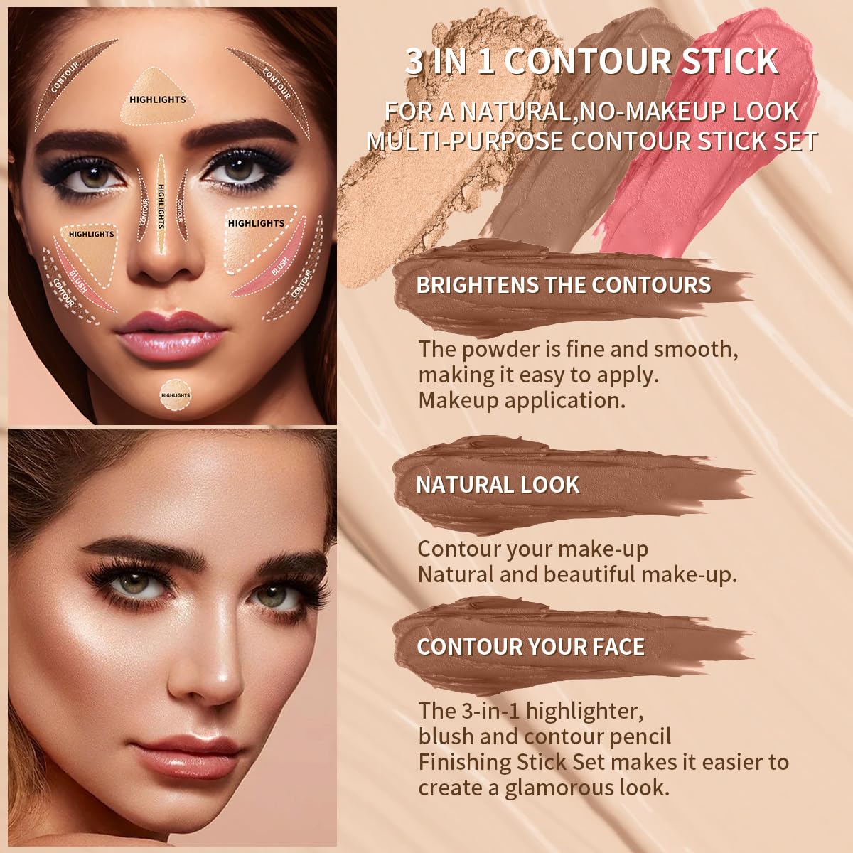 3Pcs Cream Contour Sticks Kit, Highlighter Stick Blush Stick Cream Contour Kit Makeup Set with Brush,Face Brightens & Shades Contour Stick Waterproof for Women Girls(9507-01-05-12, C)