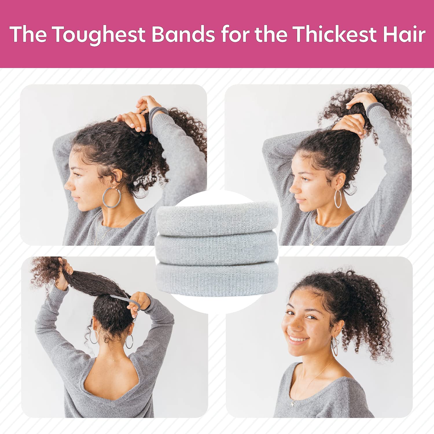 Burlybands Large Hair Ties for Thick Heavy or Curly Hair. No Slip No Damage Seamless Ponytail Holders Scrunchies Sports Thick Hair Ties (Lt Gray 3 Pcs)
